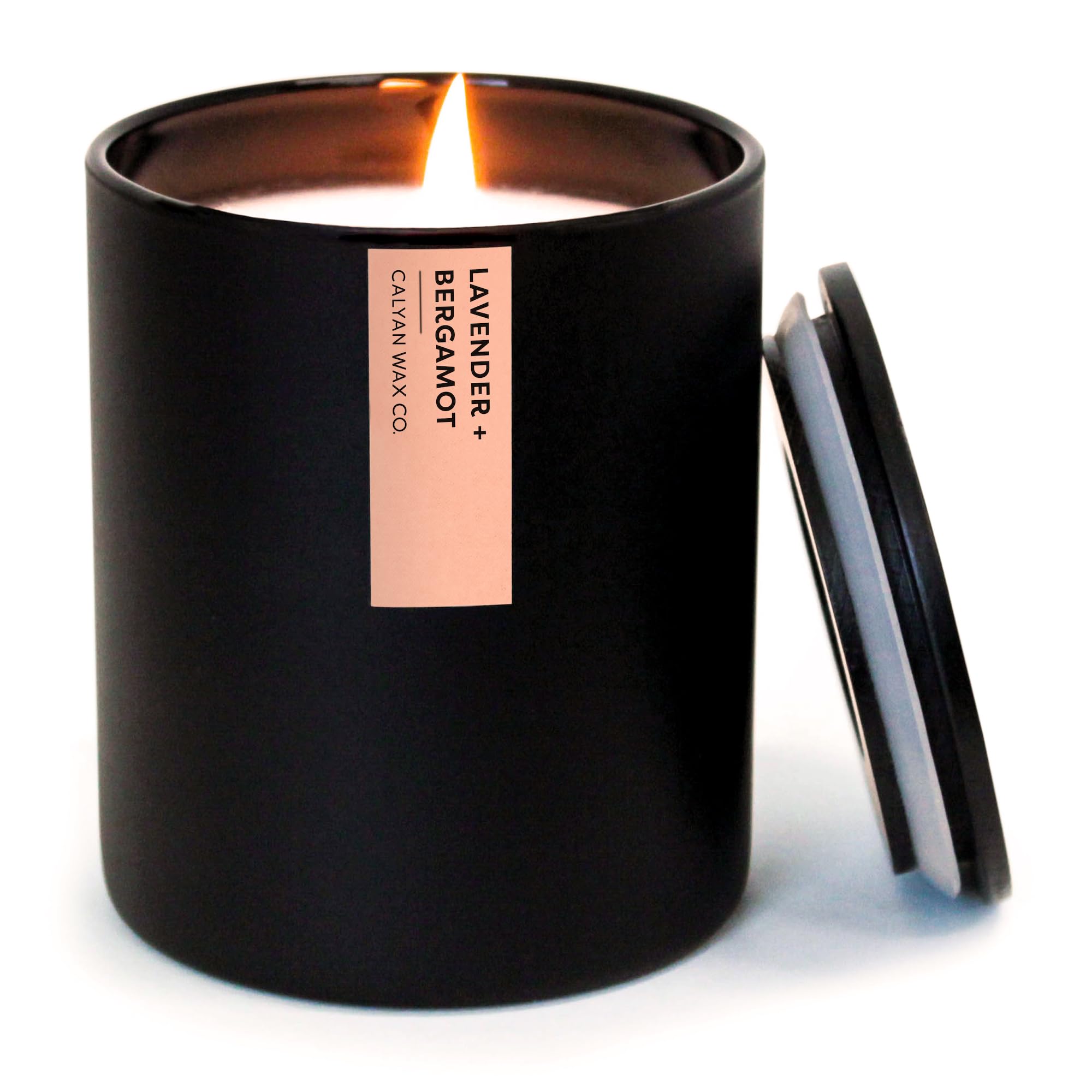 Calyan Lavender & Bergamot candle in a sleek black jar for elegant home fragrance