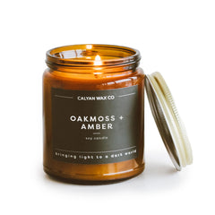 Calyan Wax Co. Oakmoss & Amber candle label with premium branding.