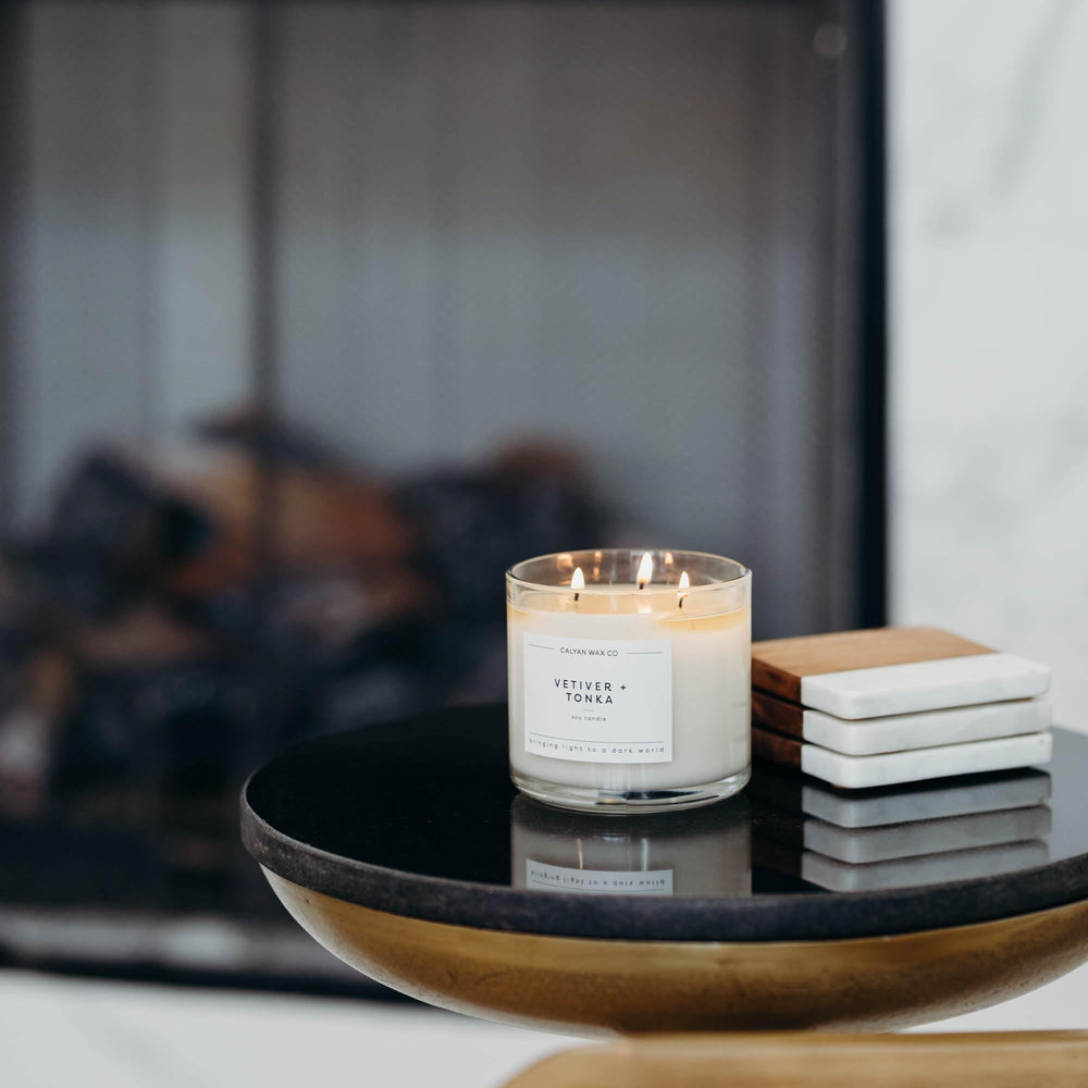 Calyan Wax Co Vetiver & Tonka living room setup shows inviting ambiance.