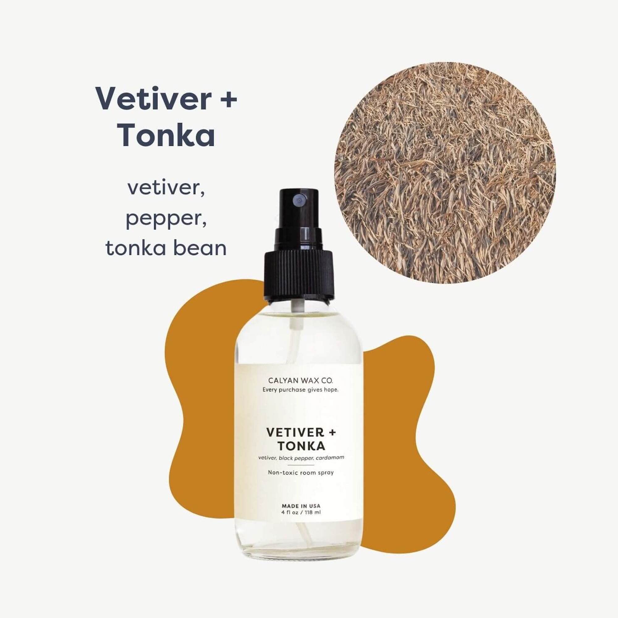 Close-up of Vetiver & Tonka label highlighting natural essential oils and USA-made quality