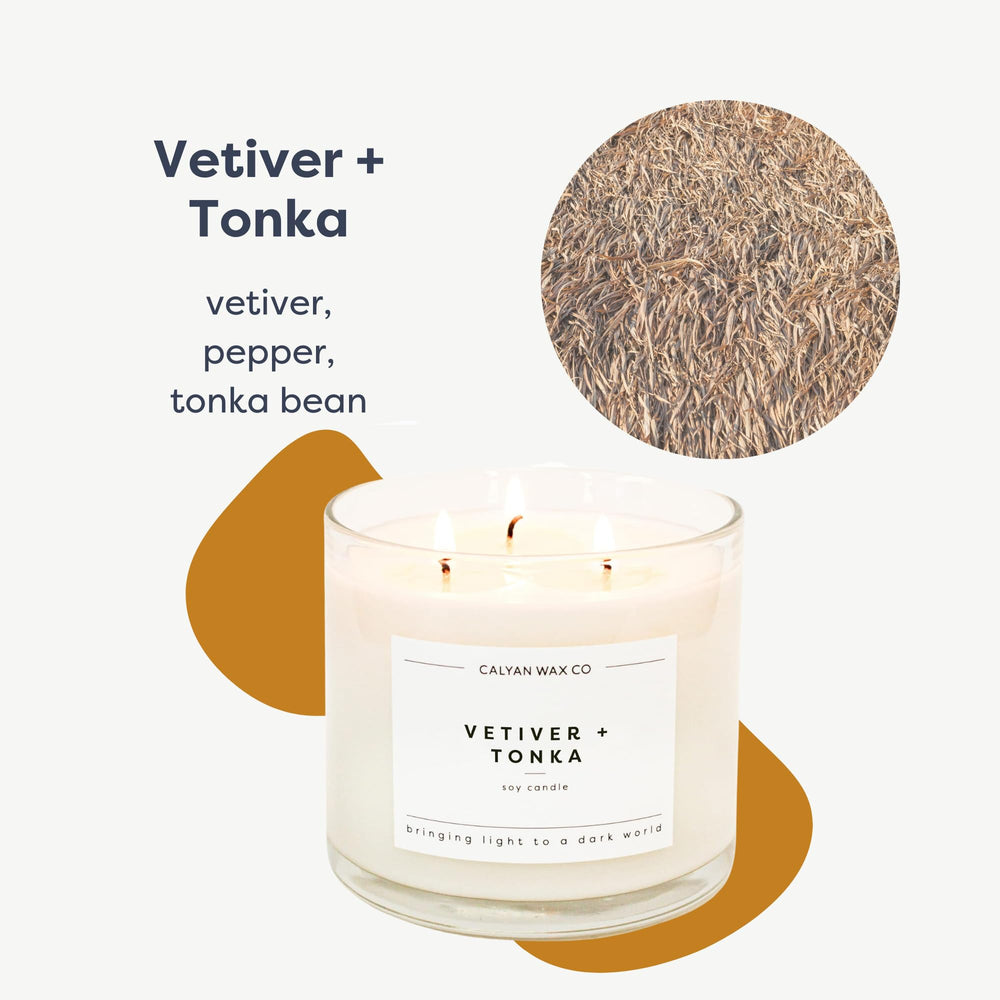 Calyan Wax Co Vetiver & Tonka warm glow close-up captures rich wax detail.