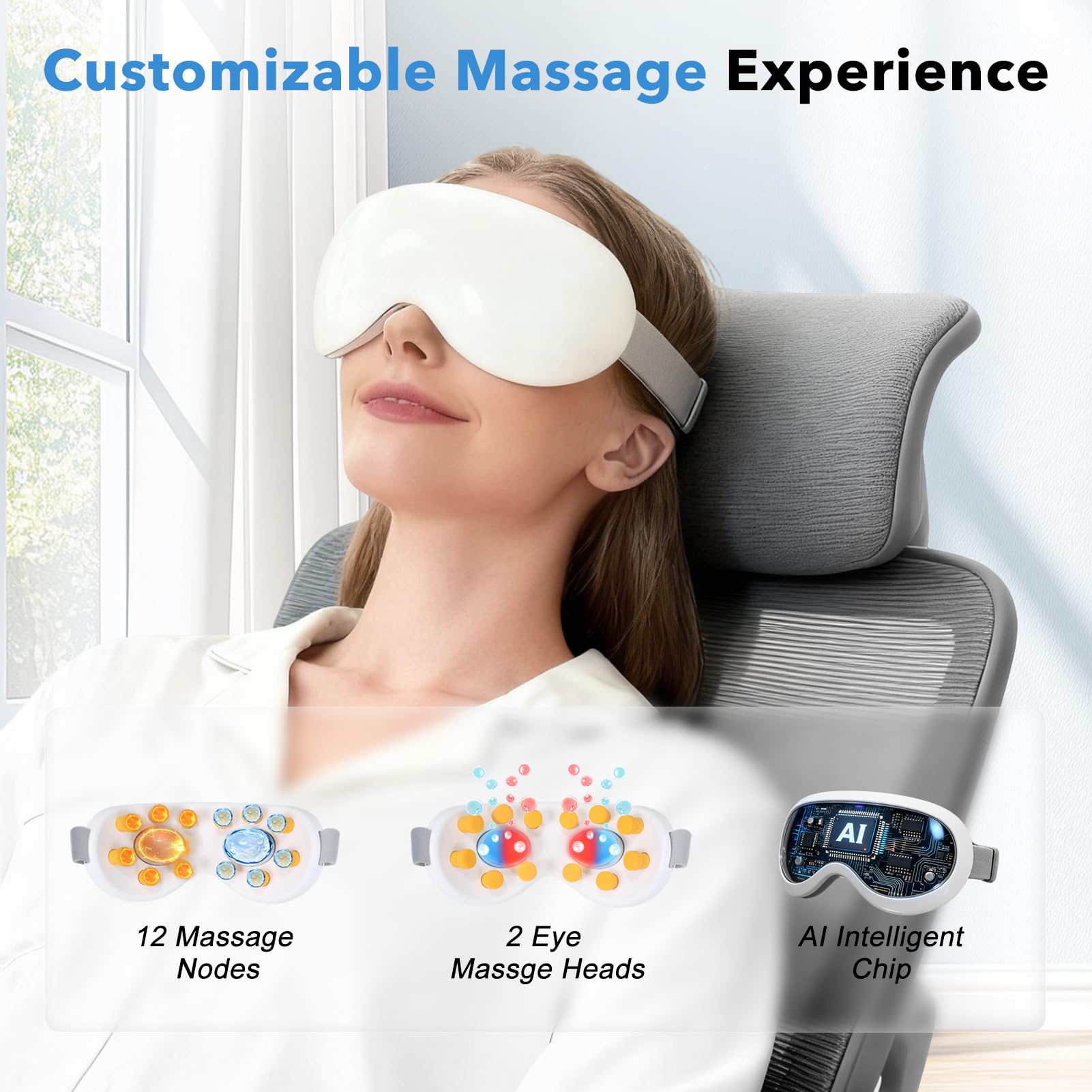 CAMLKE Eye Massager Bluetooth display highlights music during session.