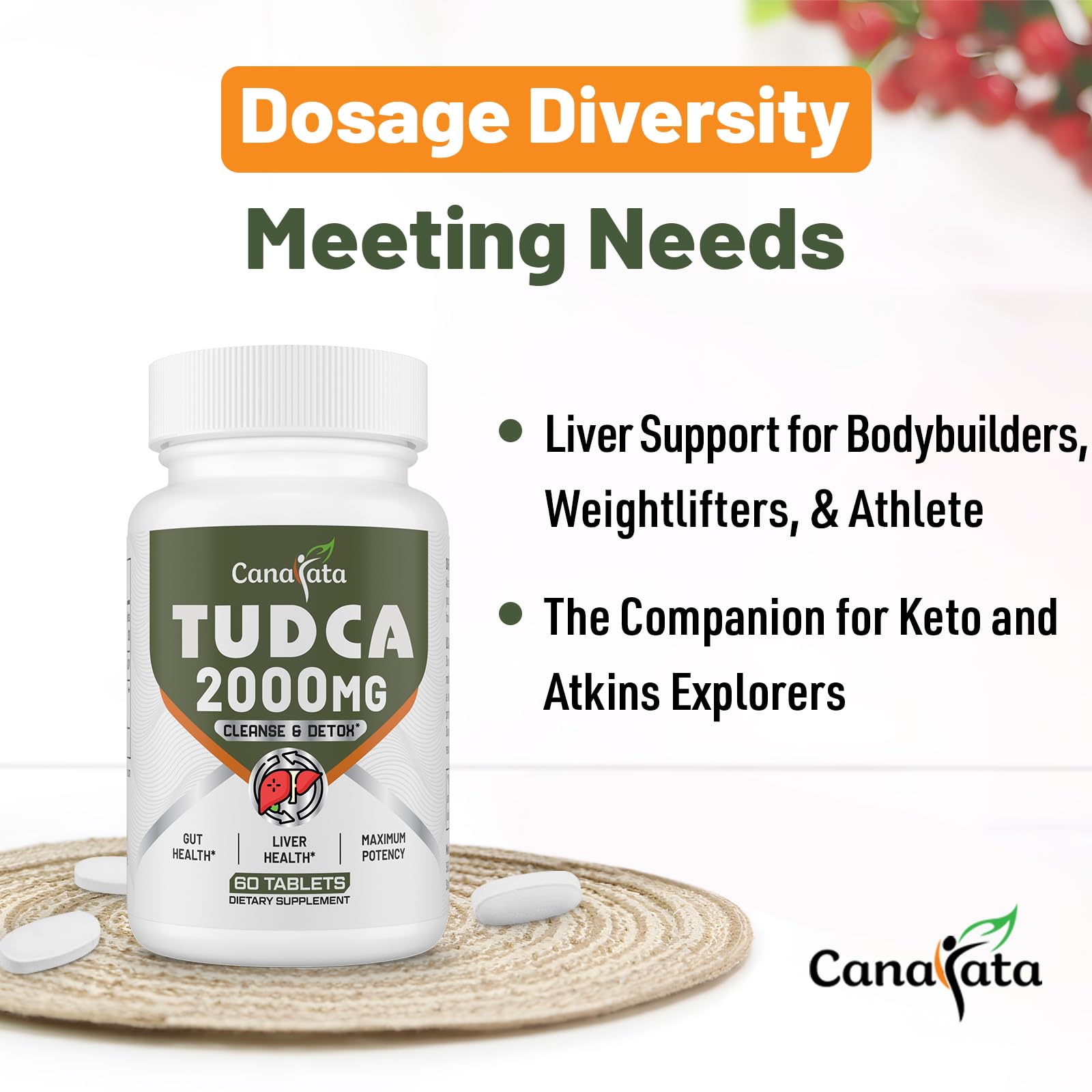 Canarata Tudca tablets visual focusing on bile salts support for digestion.
