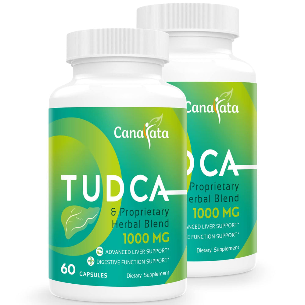 Canarata Tudca 1000mg bottle beside glass for daily liver support.