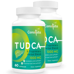 Canarata Tudca 1000mg bottle beside glass for daily liver support.