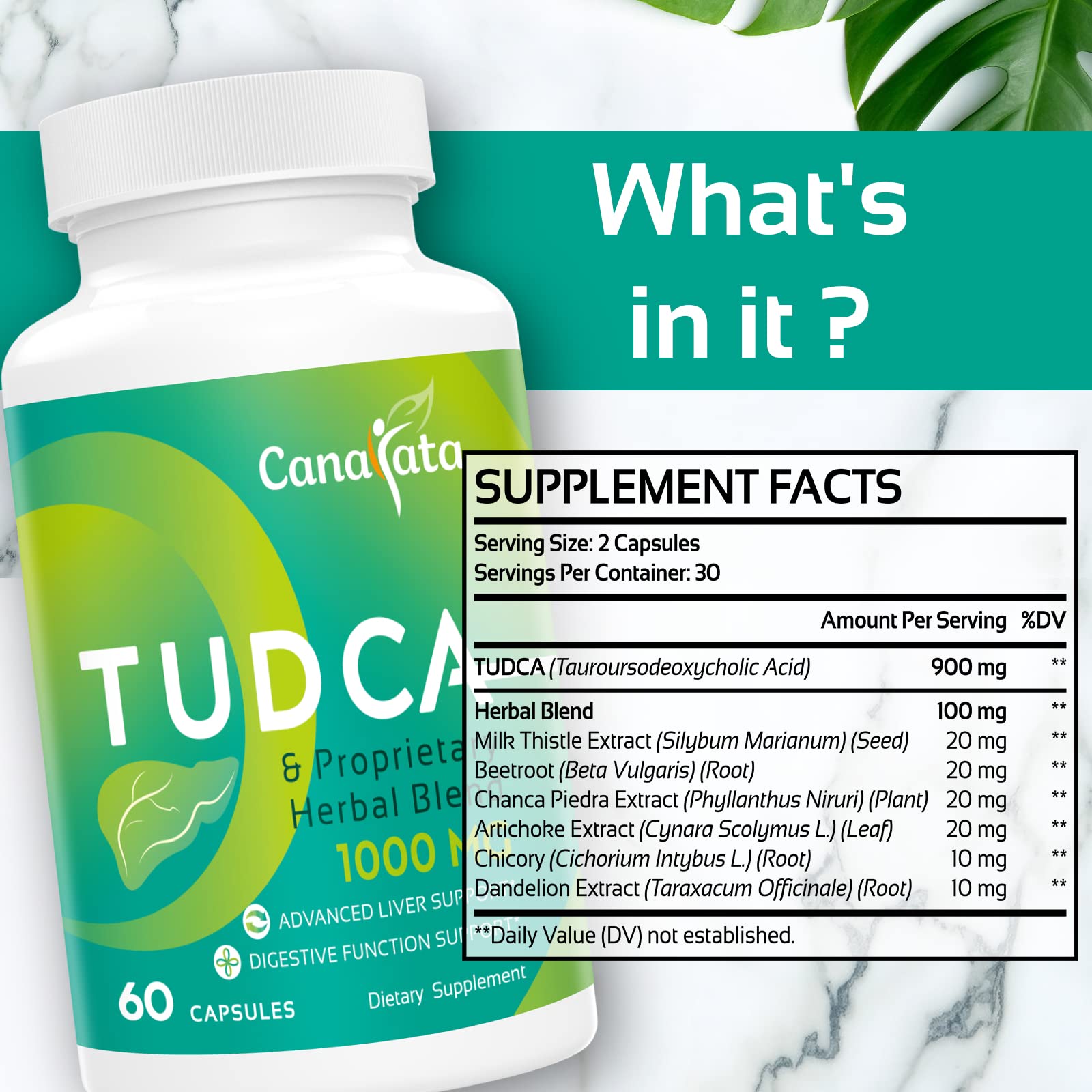 Canarata Tudca bottle pour highlights dosage and usage for digestion.