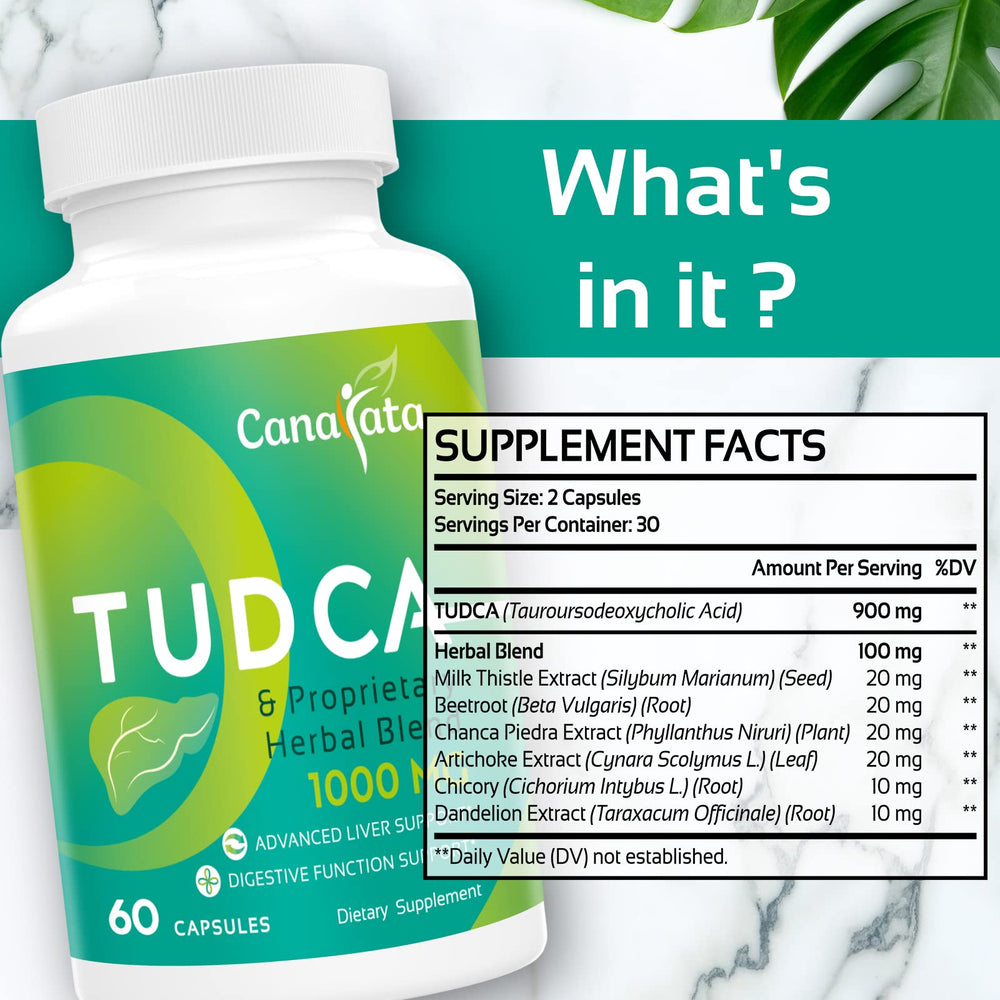 Canarata Tudca bottle pour highlights dosage and usage for digestion.