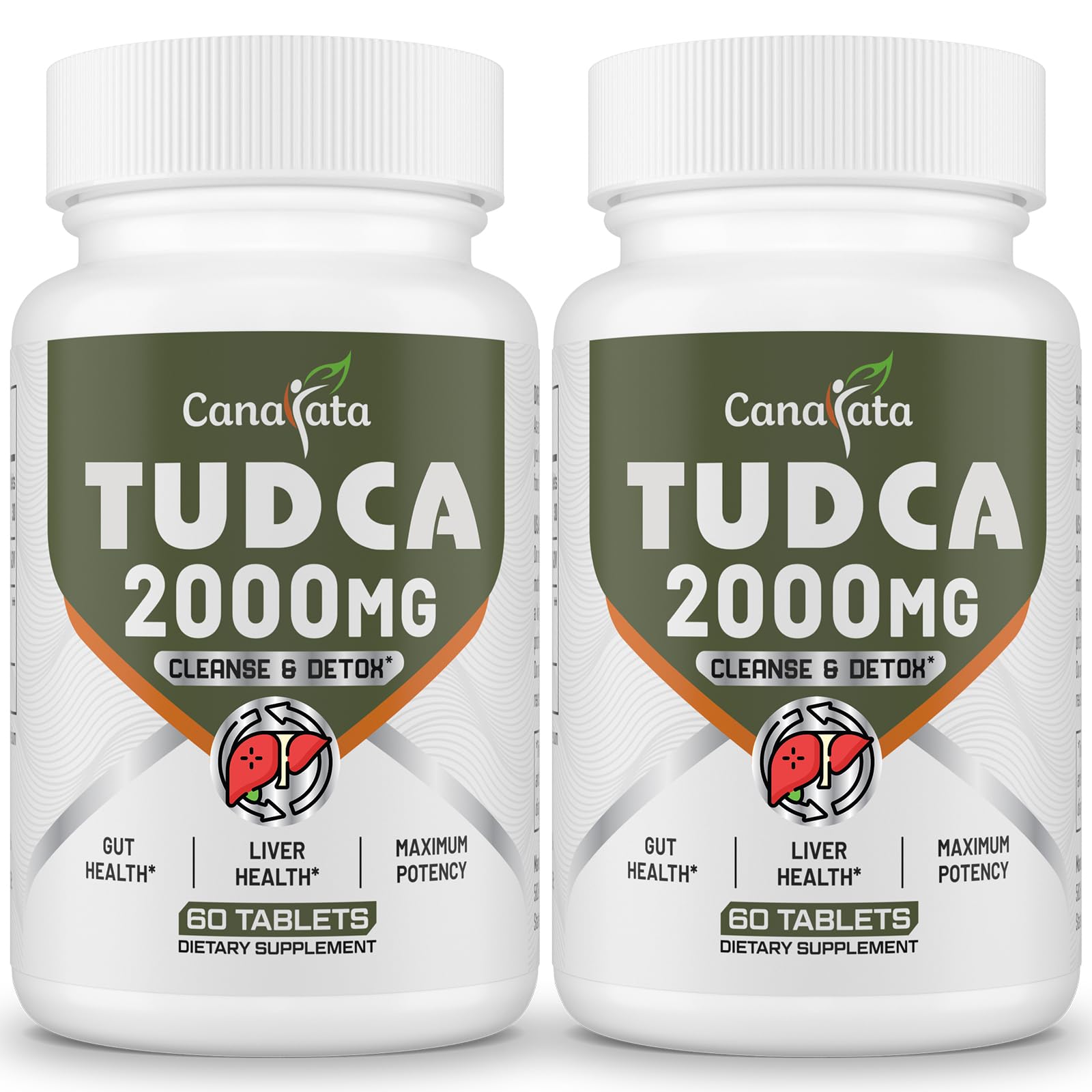Canarata Tudca liver supplements bottle highlighting 2000 mg potency for liver support.