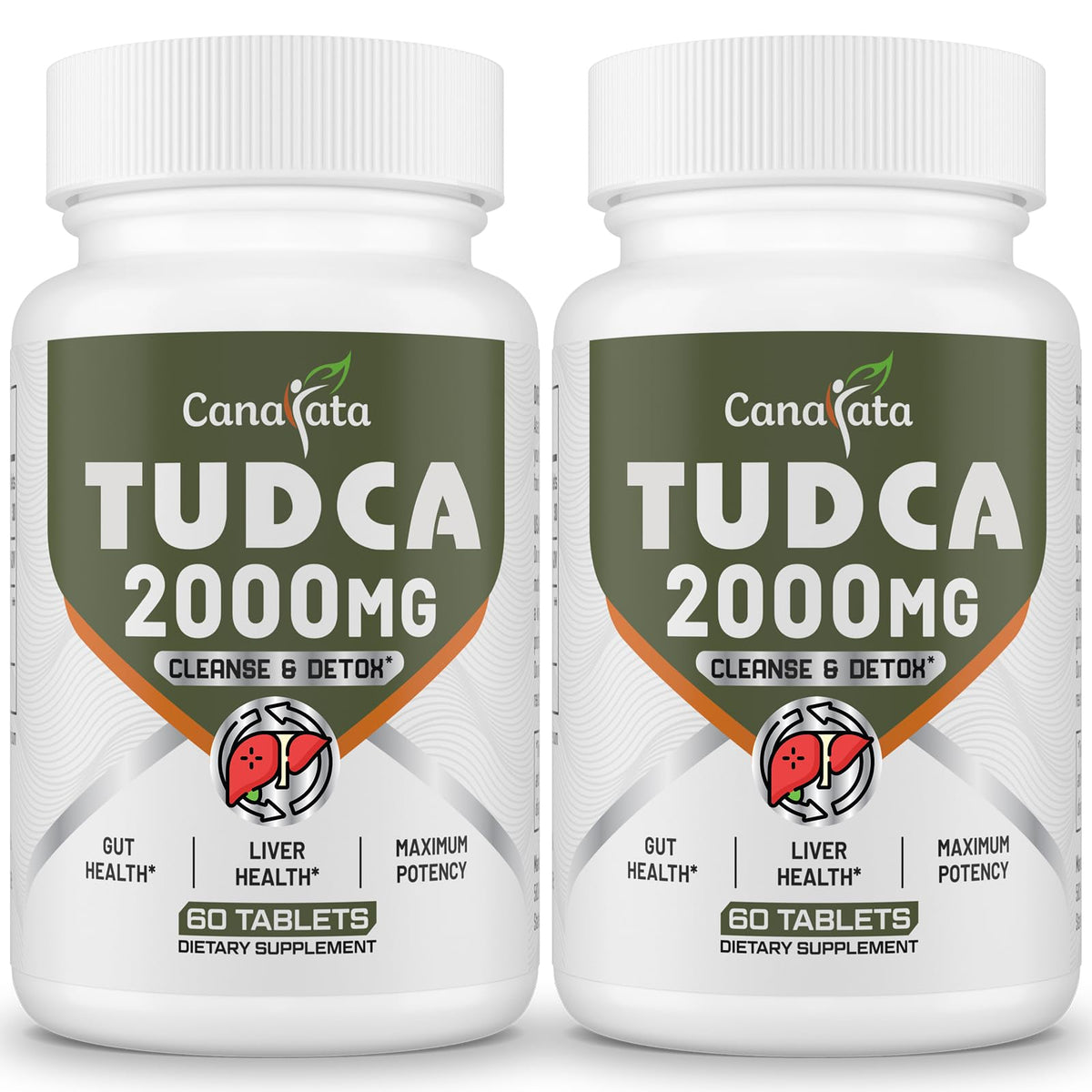 Canarata Tudca liver supplements bottle highlighting 2000 mg potency for liver support.
