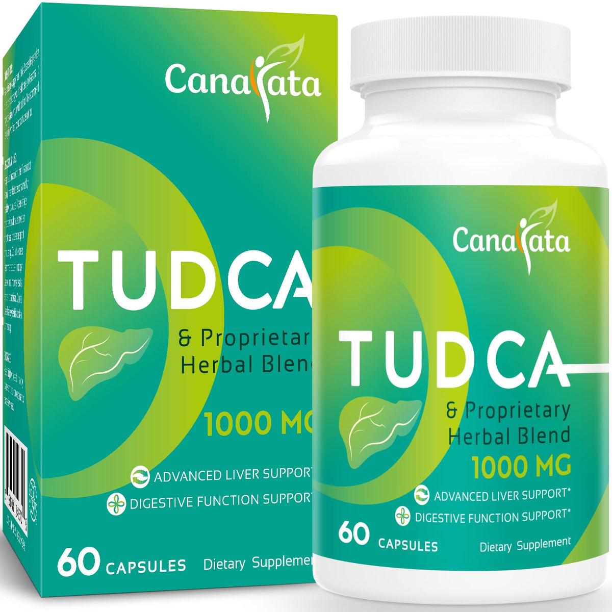 Canarata TUDCA liver support bottle 1000mg on the counter, vegan capsules for daily use.