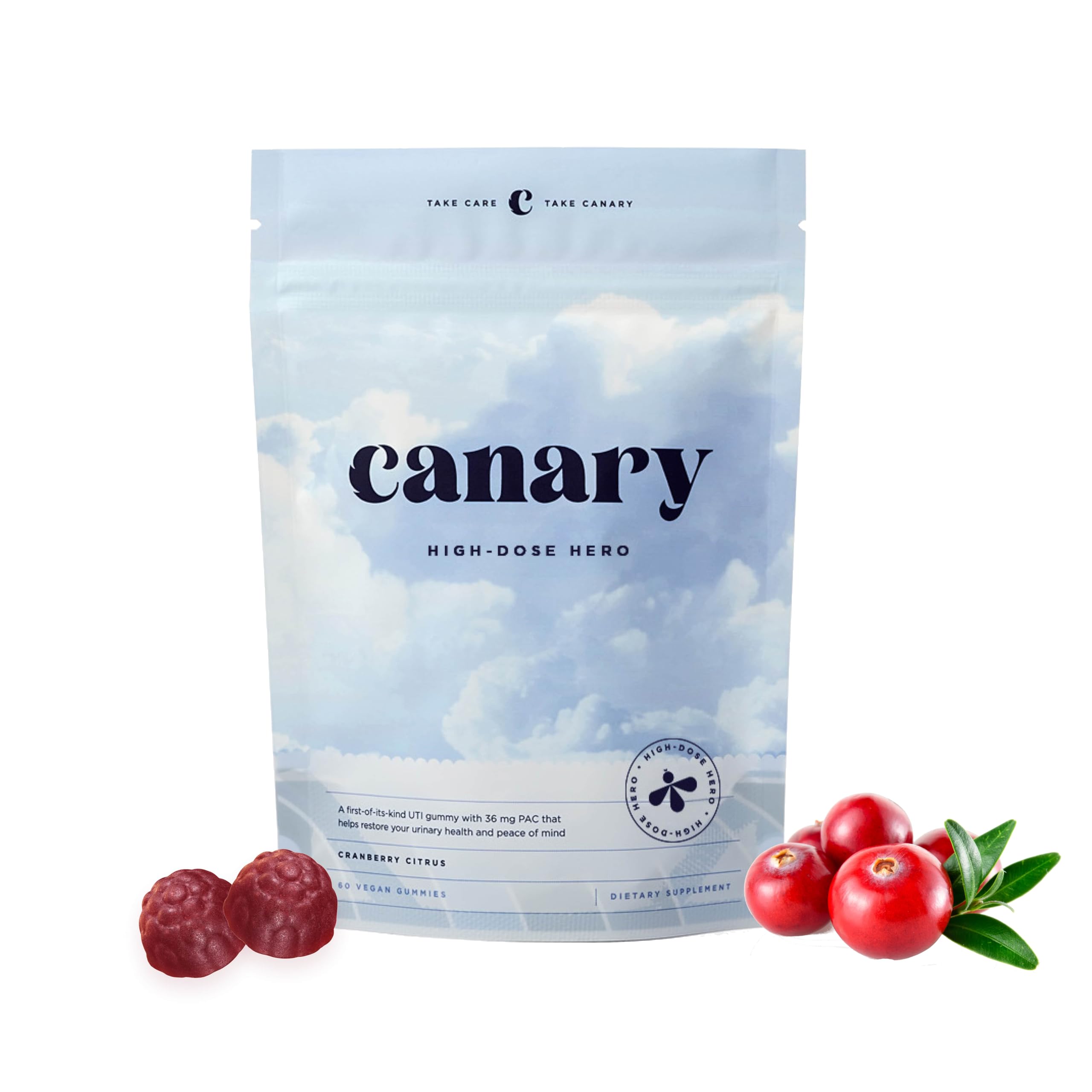 Can Canary High-Dose Hero bottle pour demonstrates convenient daily urinary health routine.