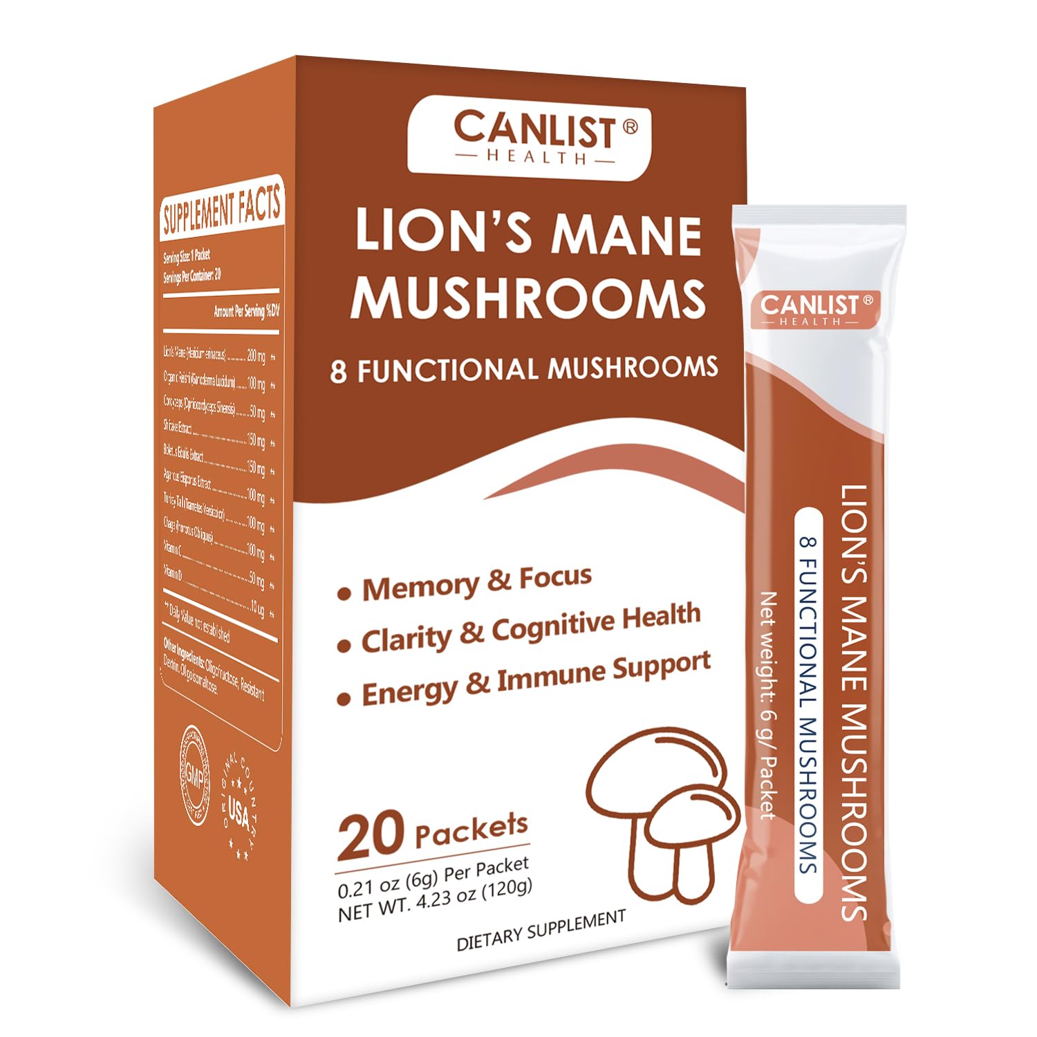CANLIST bottle packaging for lion's mane mushroom powder, convenient daily use.