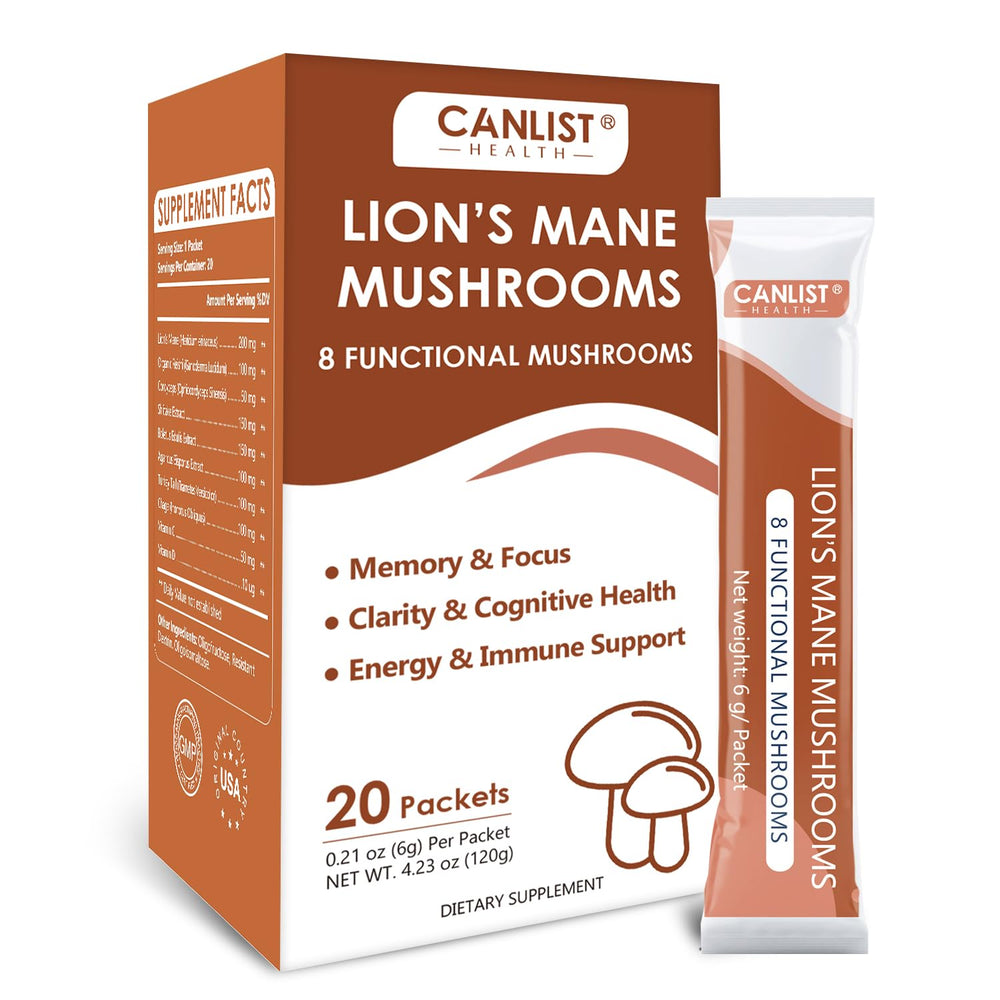 CANLIST bottle packaging for lion's mane mushroom powder, convenient daily use.