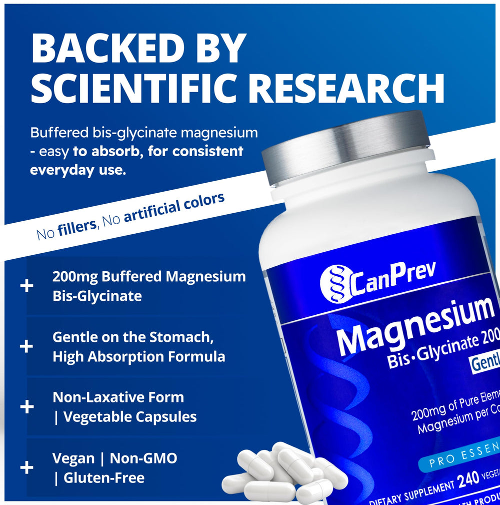 CanPrev Magnesium BisGlycinate 200mg label detail highlights dosage and formula.