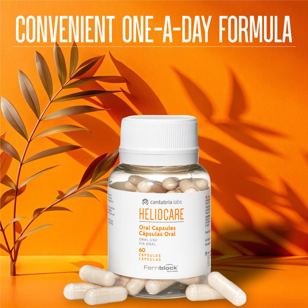 Cantabria Labs Heliocare capsule closeup showcasing a vegan, gluten-free daily wellness option.