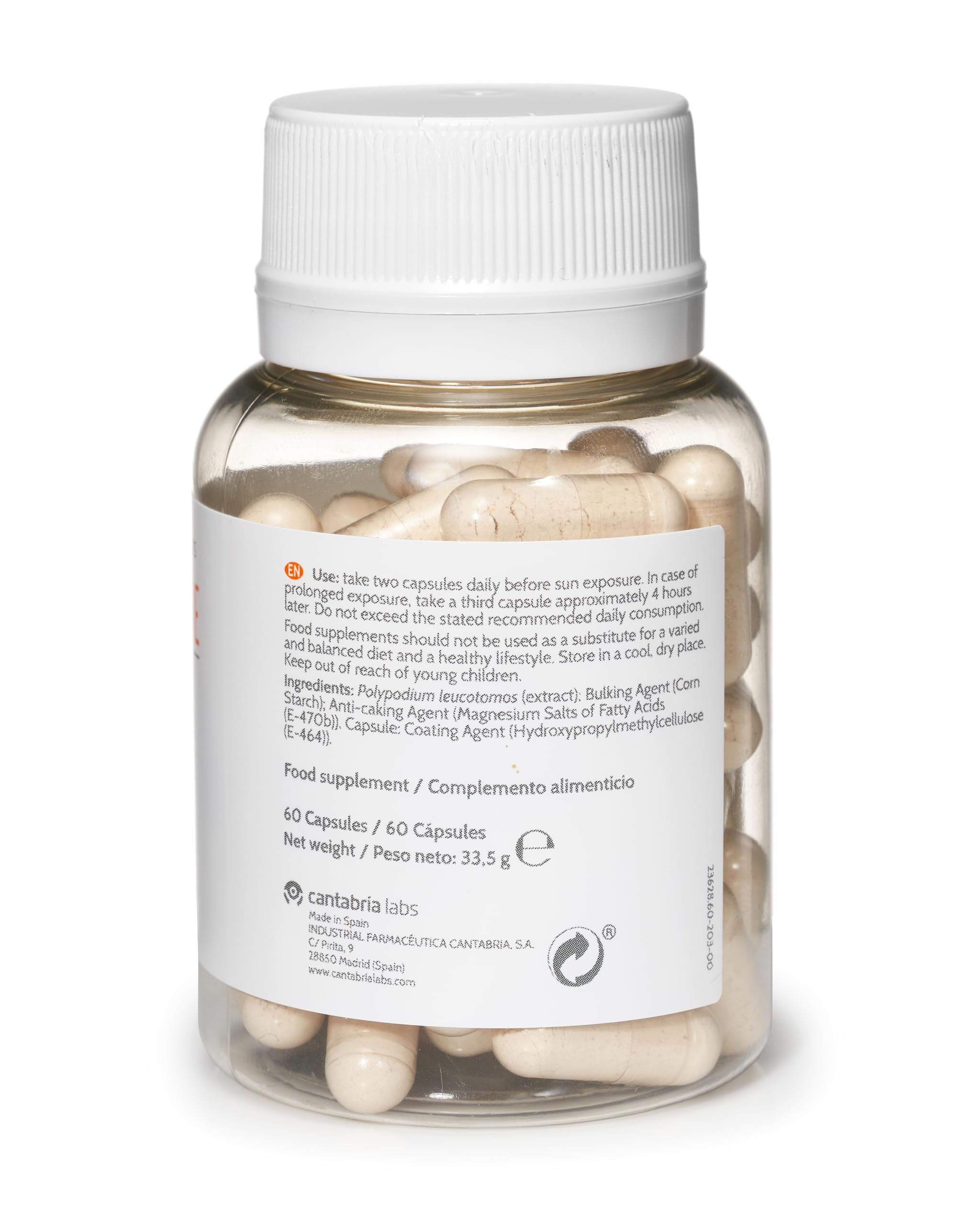 Cantabria Labs Heliocare vegan packaging showing lactose-free, dye-free formulation.