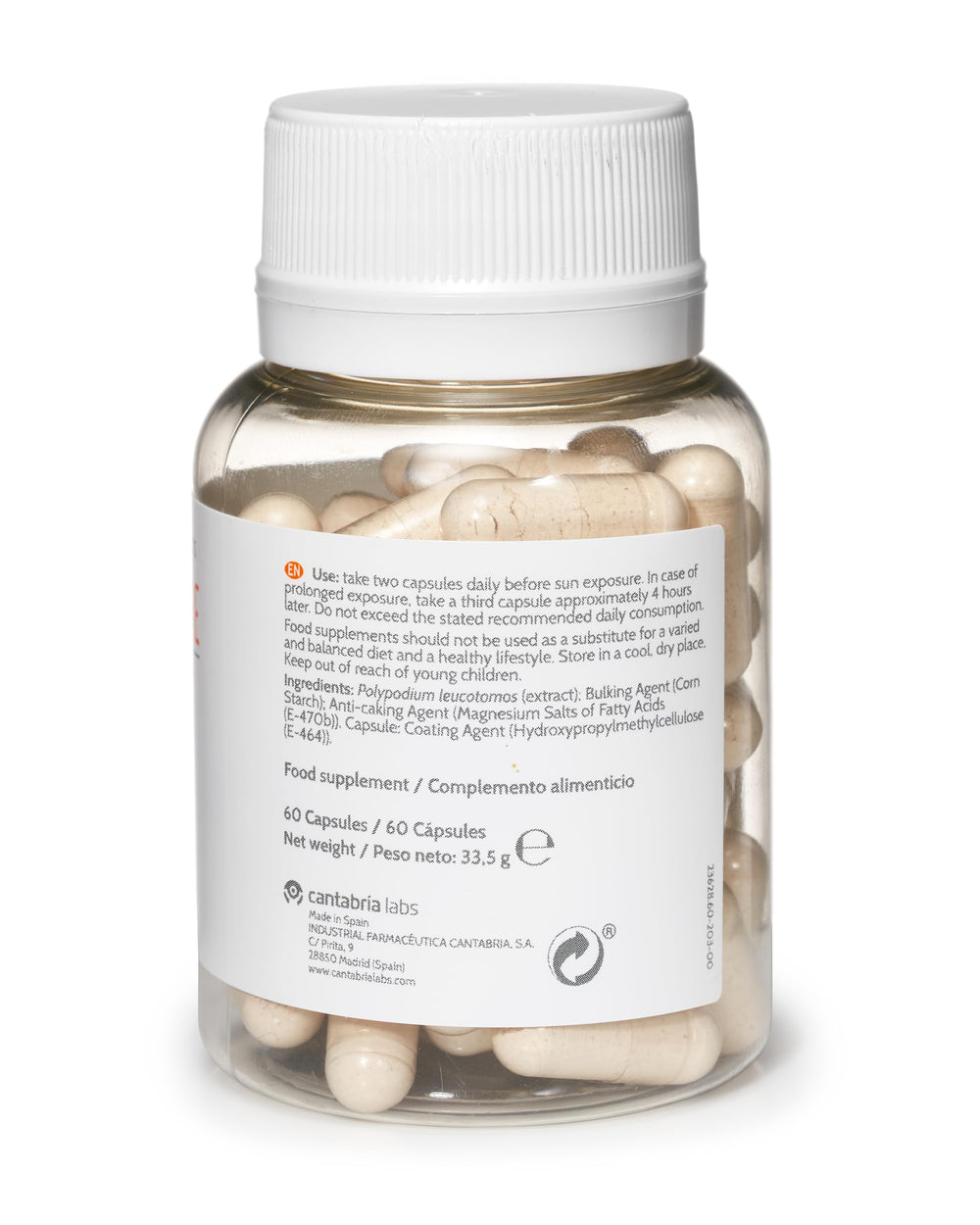 Cantabria Labs Heliocare vegan packaging showing lactose-free, dye-free formulation.