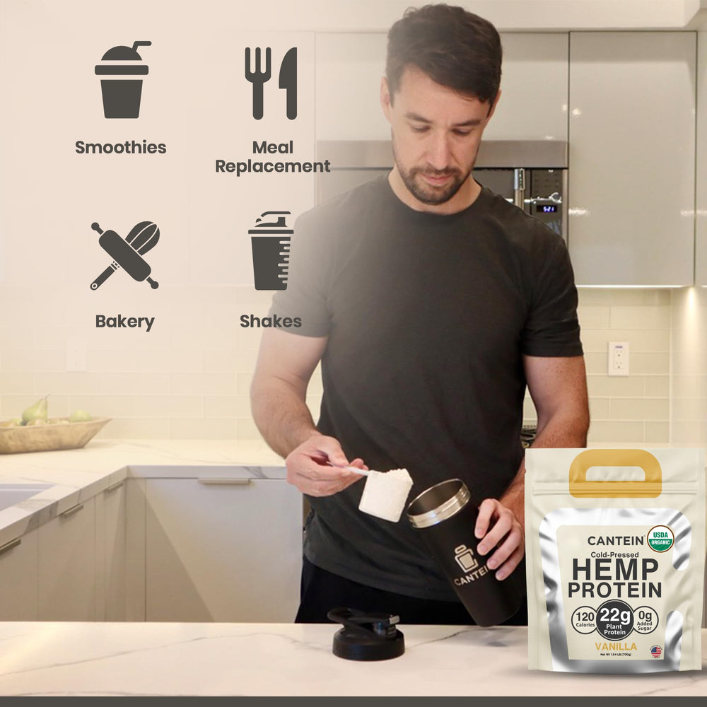 Cantein hemp seeds illustration emphasizing protein content per serving.