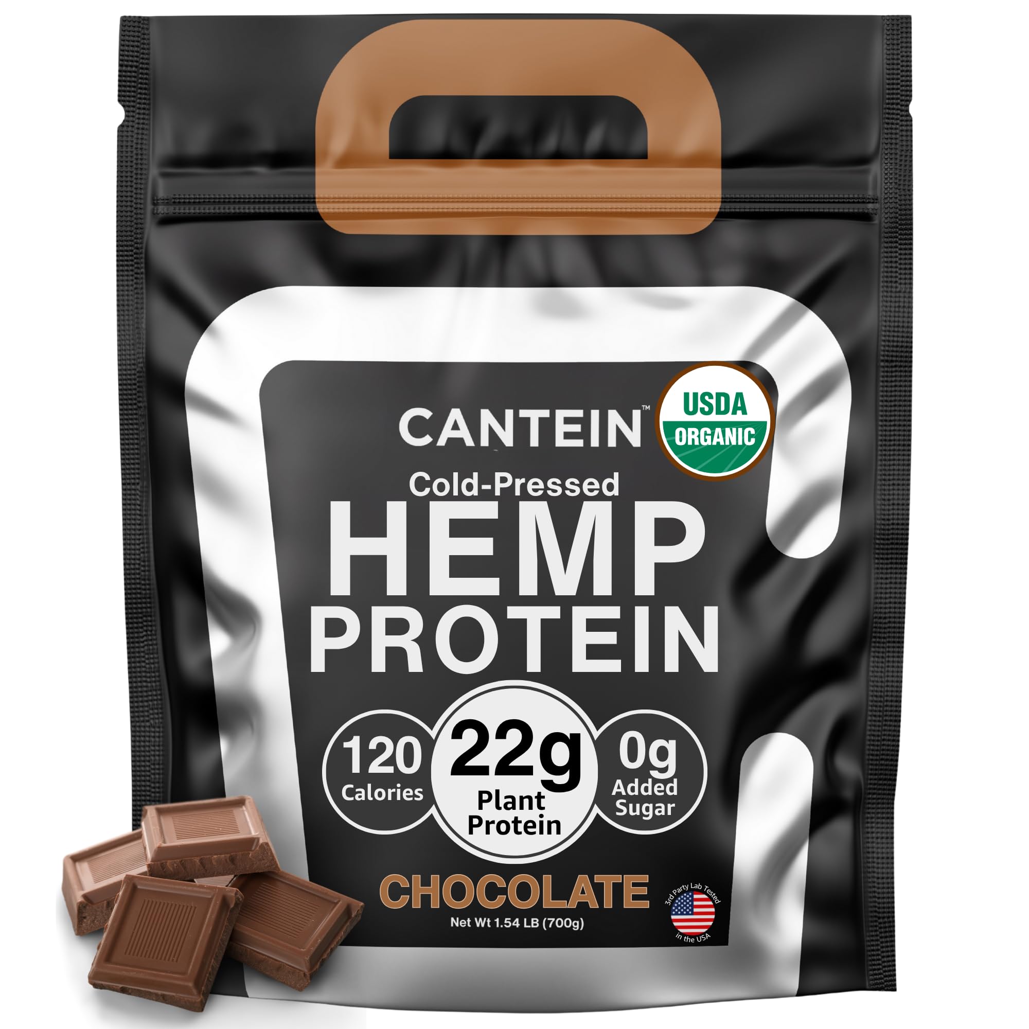 Cantein organic hemp protein chocolate tub showing clean ingredient list for shakes