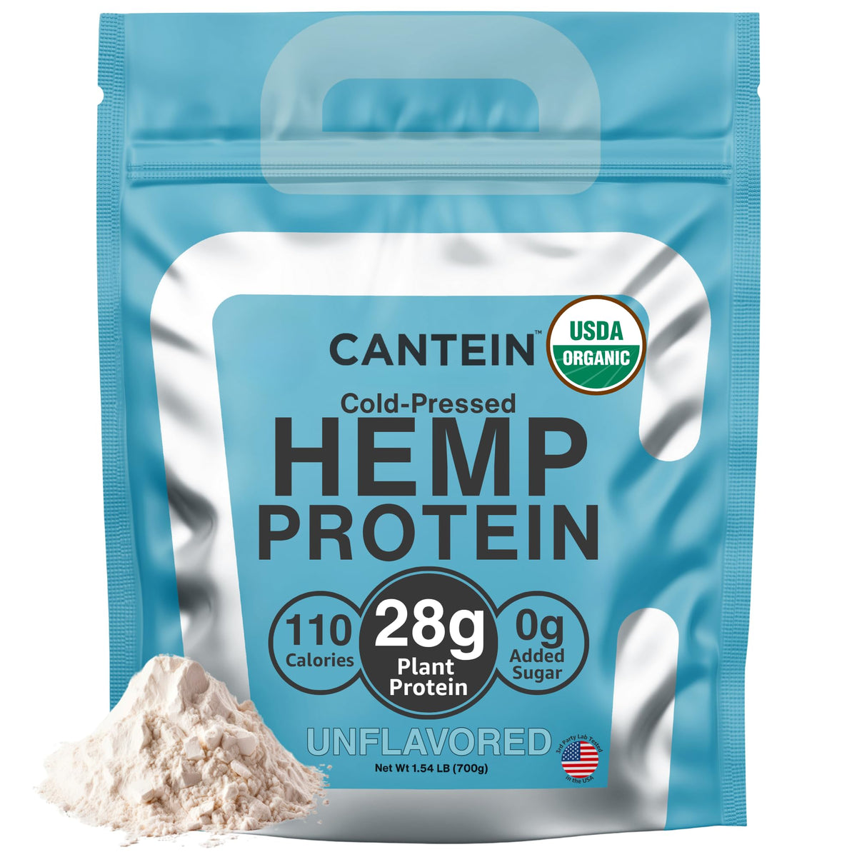 Cantein organic hemp protein powder bottle, a clean plant protein option for daily shakes.