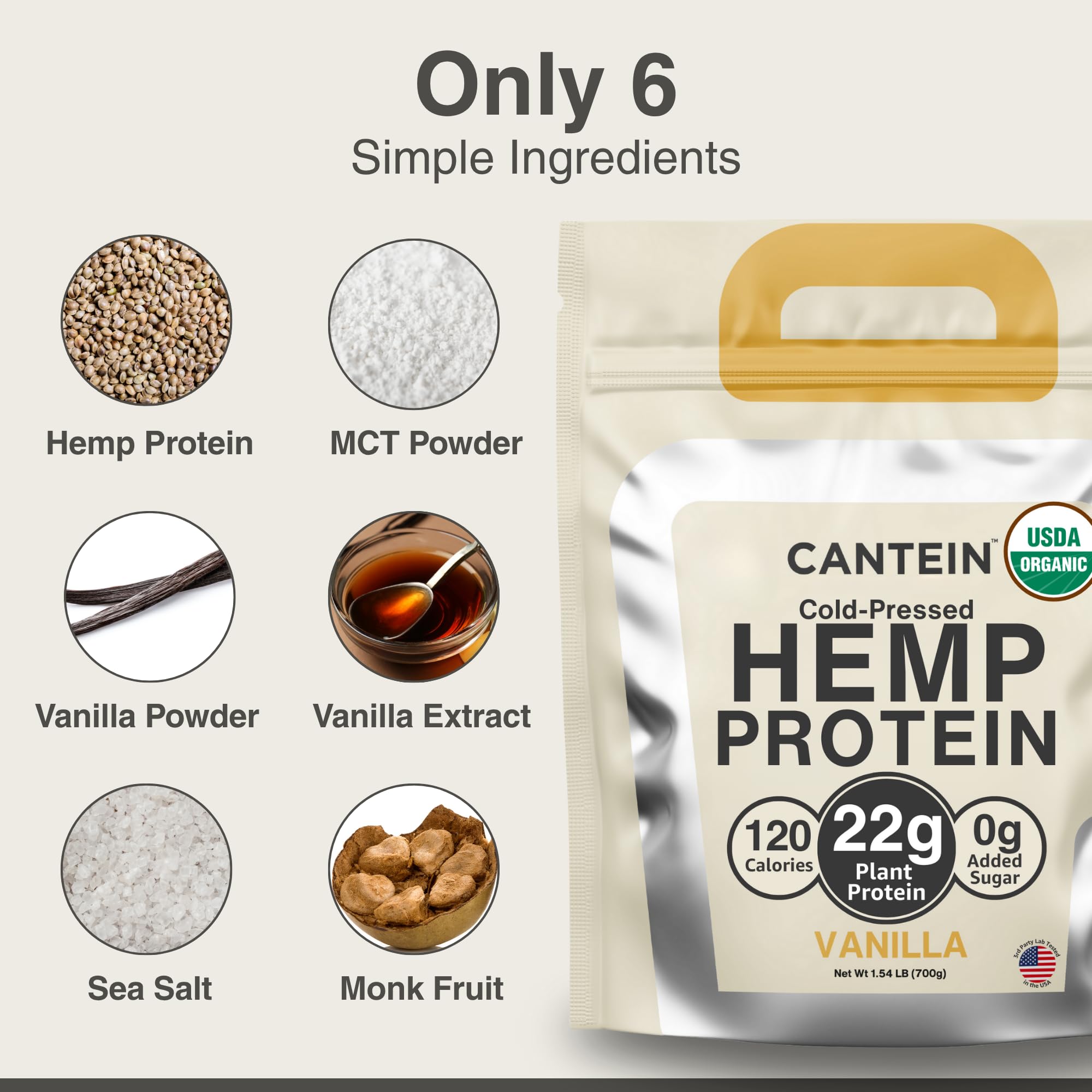 Cantein plant-based protein shake in a glass highlighting vanilla flavor.