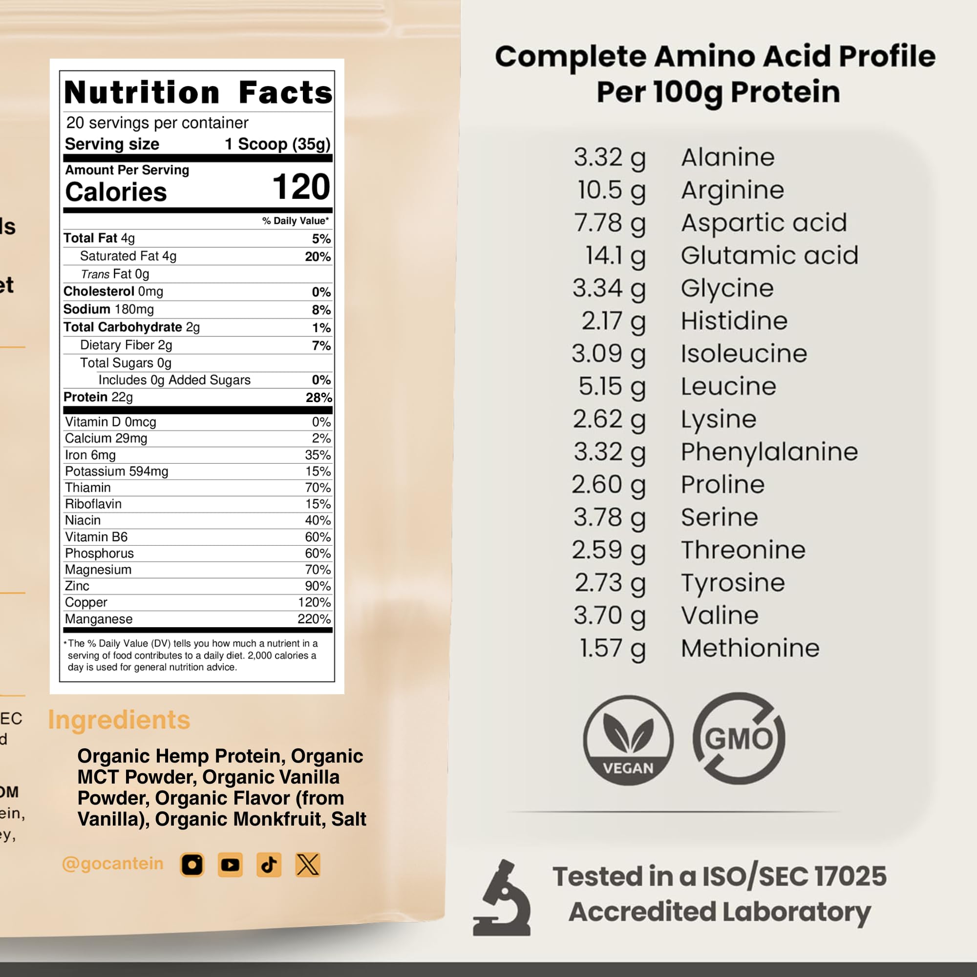 Cantein hemp protein powder being poured into a glass with vanilla flavor.
