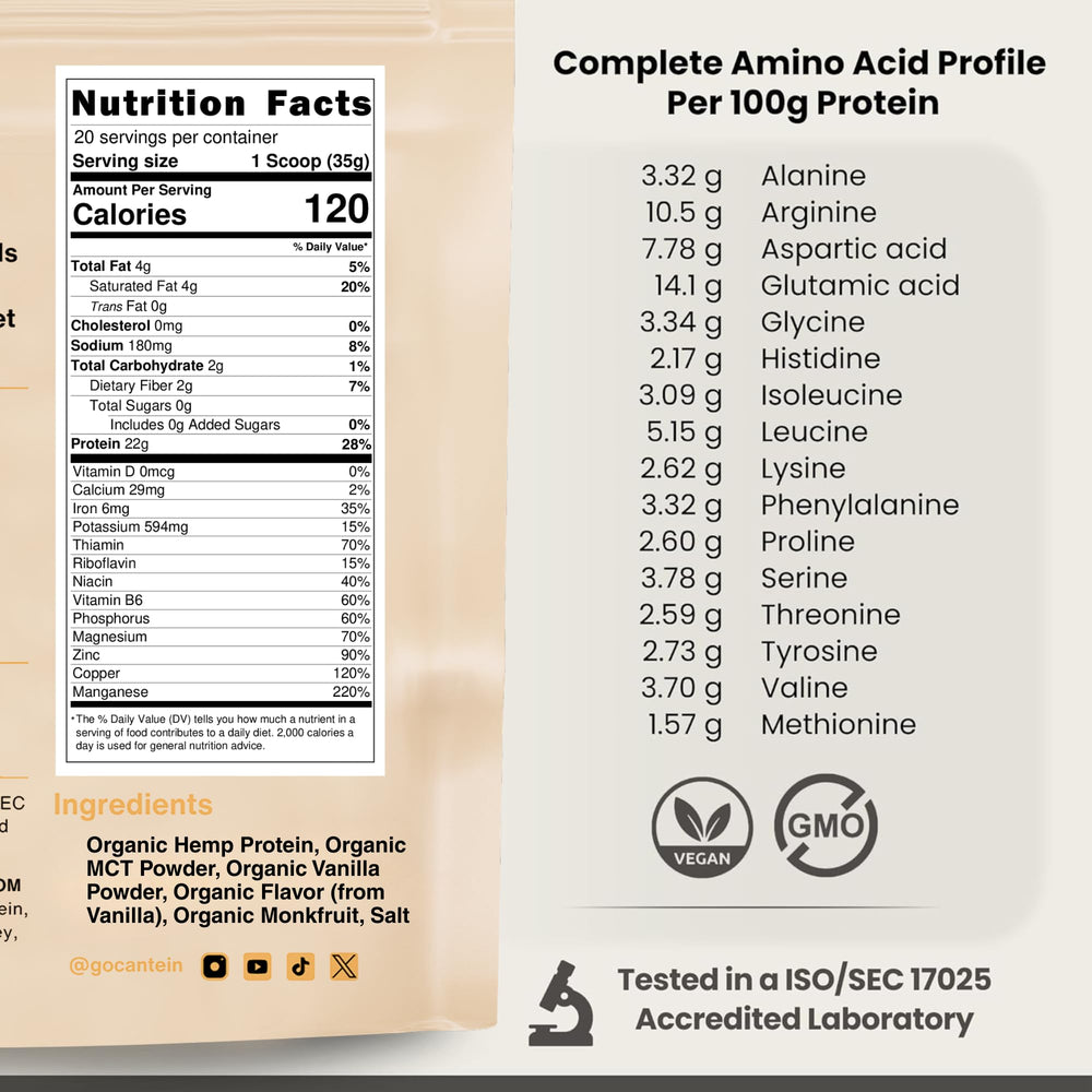 Cantein hemp protein powder being poured into a glass with vanilla flavor.