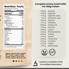 Cantein hemp protein powder being poured into a glass with vanilla flavor.