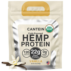Cantein vanilla organic hemp protein powder bottle showcases clean, plant-based nutrition.