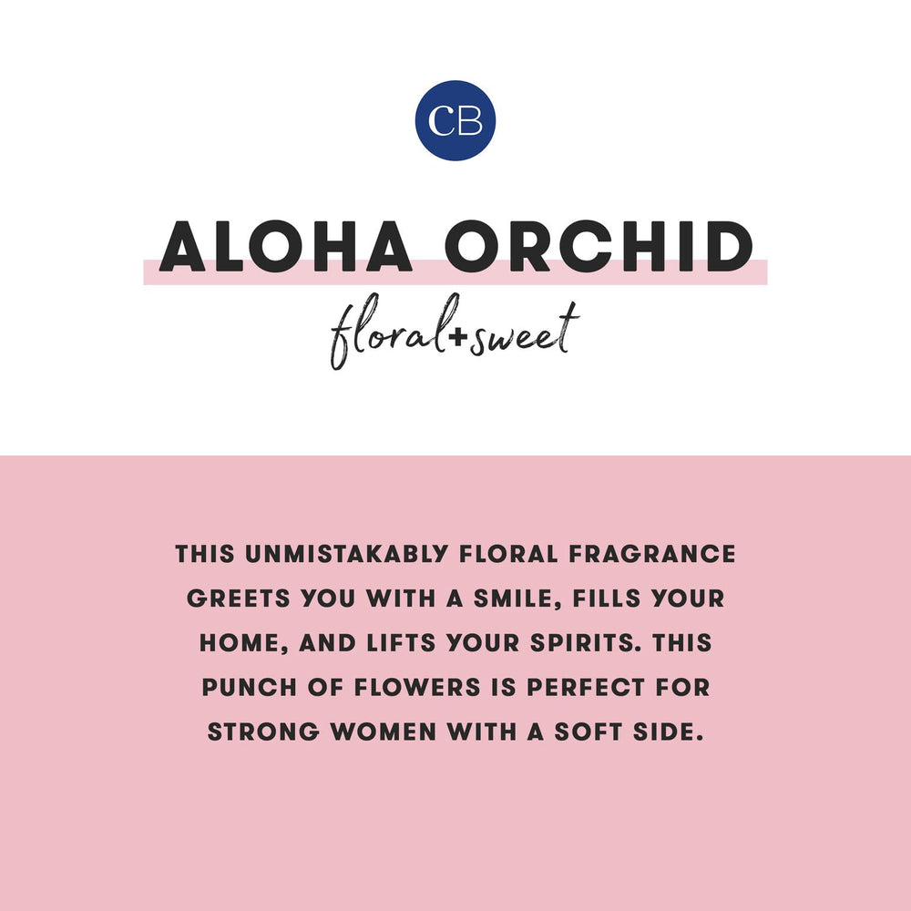 Capri Blue Aloha Orchid diffuser cap on a cobalt blue bottle.