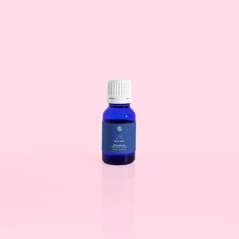 Capri Blue Blue Jean bottle closeup showing citrus-musk-patchouli notes for living rooms
