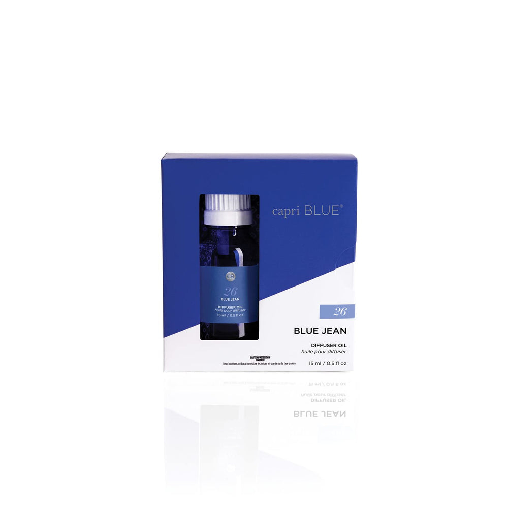 Capri Blue Blue Jean diffuser oil refill closeup highlighting long-lasting fragrance