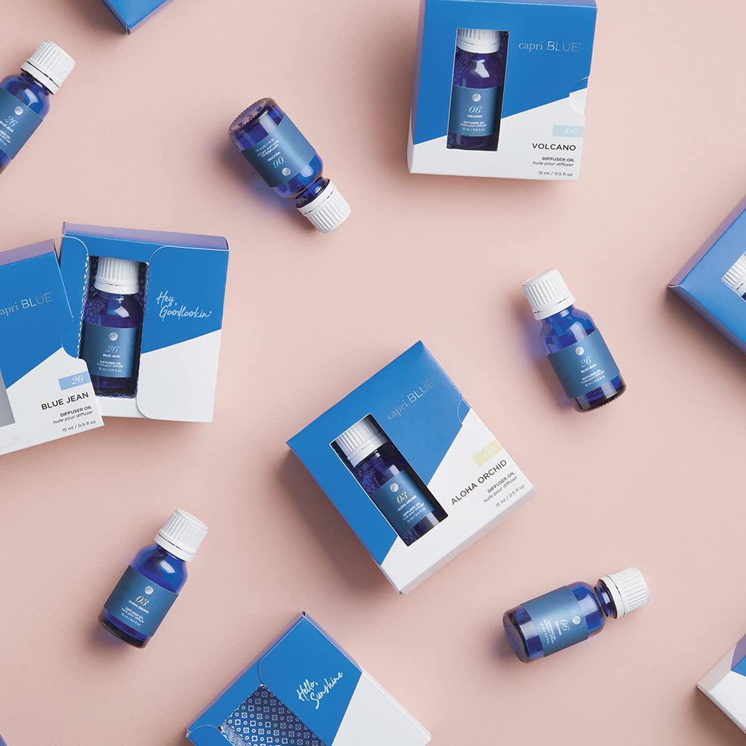 Capri Blue Blue Jean drops being added to water in a diffuser