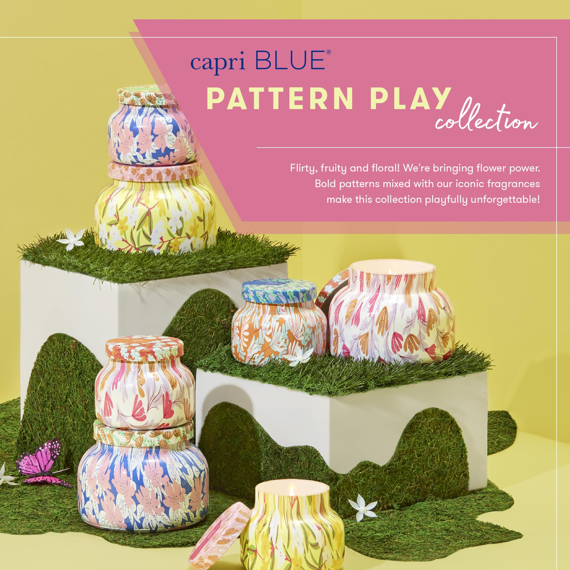 Capri Blue Pattern Play Floral pattern closeup 8oz candle showcases vibrant decor accent