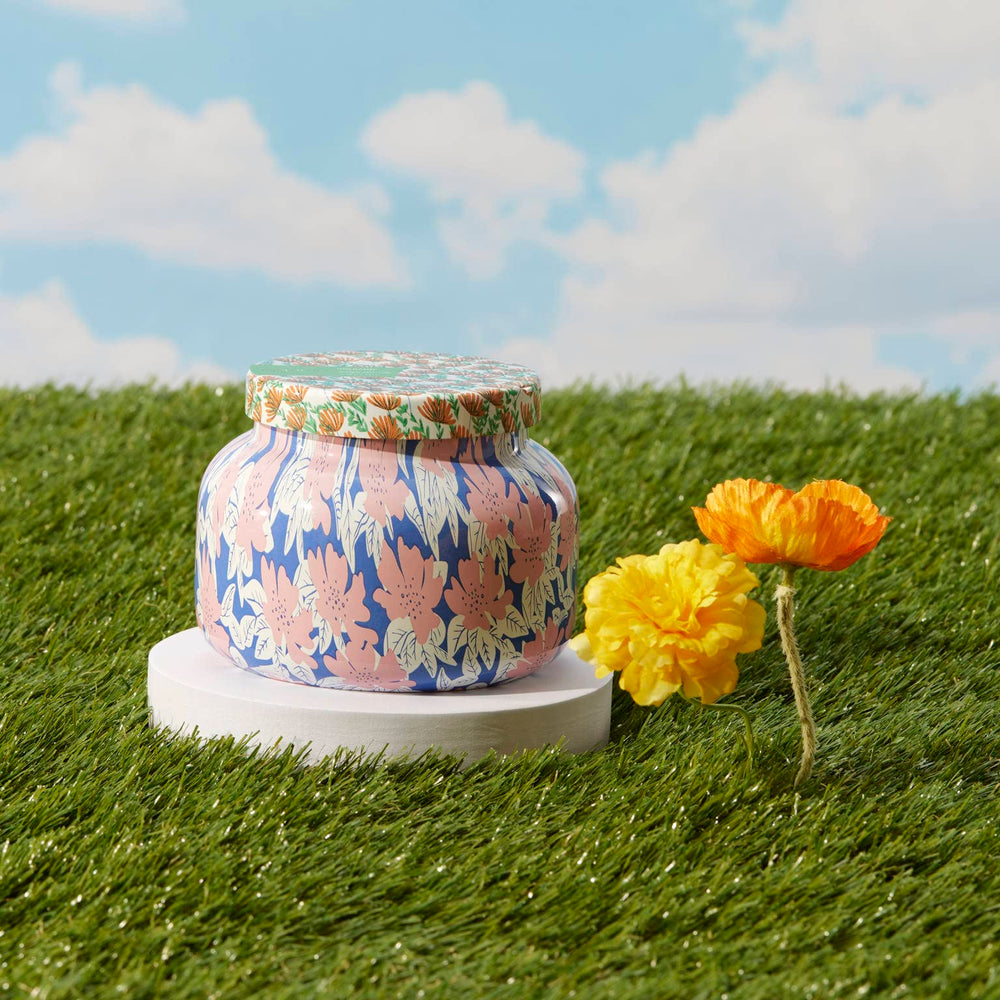 Capri Blue Pattern Play jar releases fruity aroma transforming your space into a vacation mood.