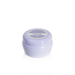 Capri Blue Volcano Lavender mini tin candle label with brand emblem and purple hue.