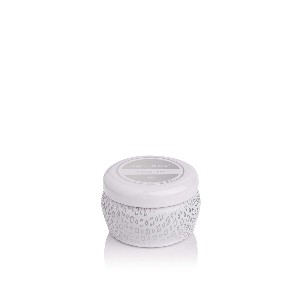 Capri Blue Volcano mini tin candle front view for compact spaces