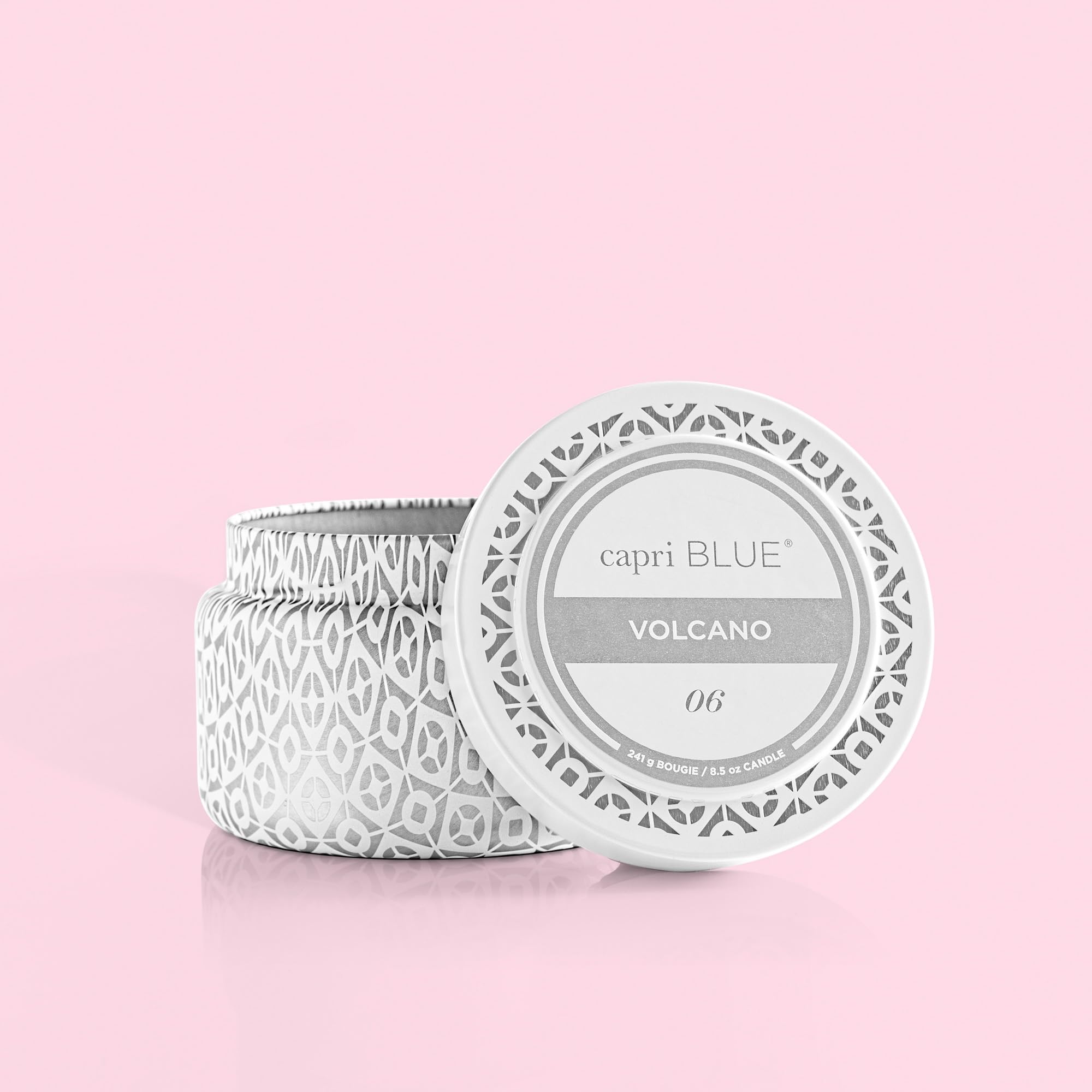 Capri Blue Volcano travel tin front view shows chic decor-ready look for interiors.