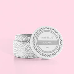 Capri Blue Volcano travel tin front view shows chic decor-ready look for interiors.