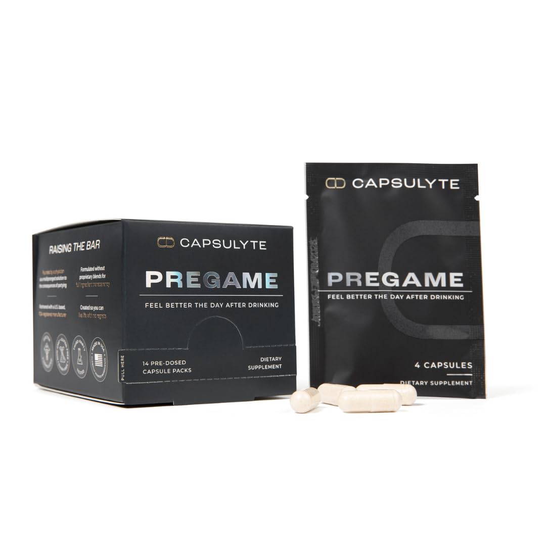 CAPSULYTE Pregame bottle front view showing the alcohol aid formula for party recovery.