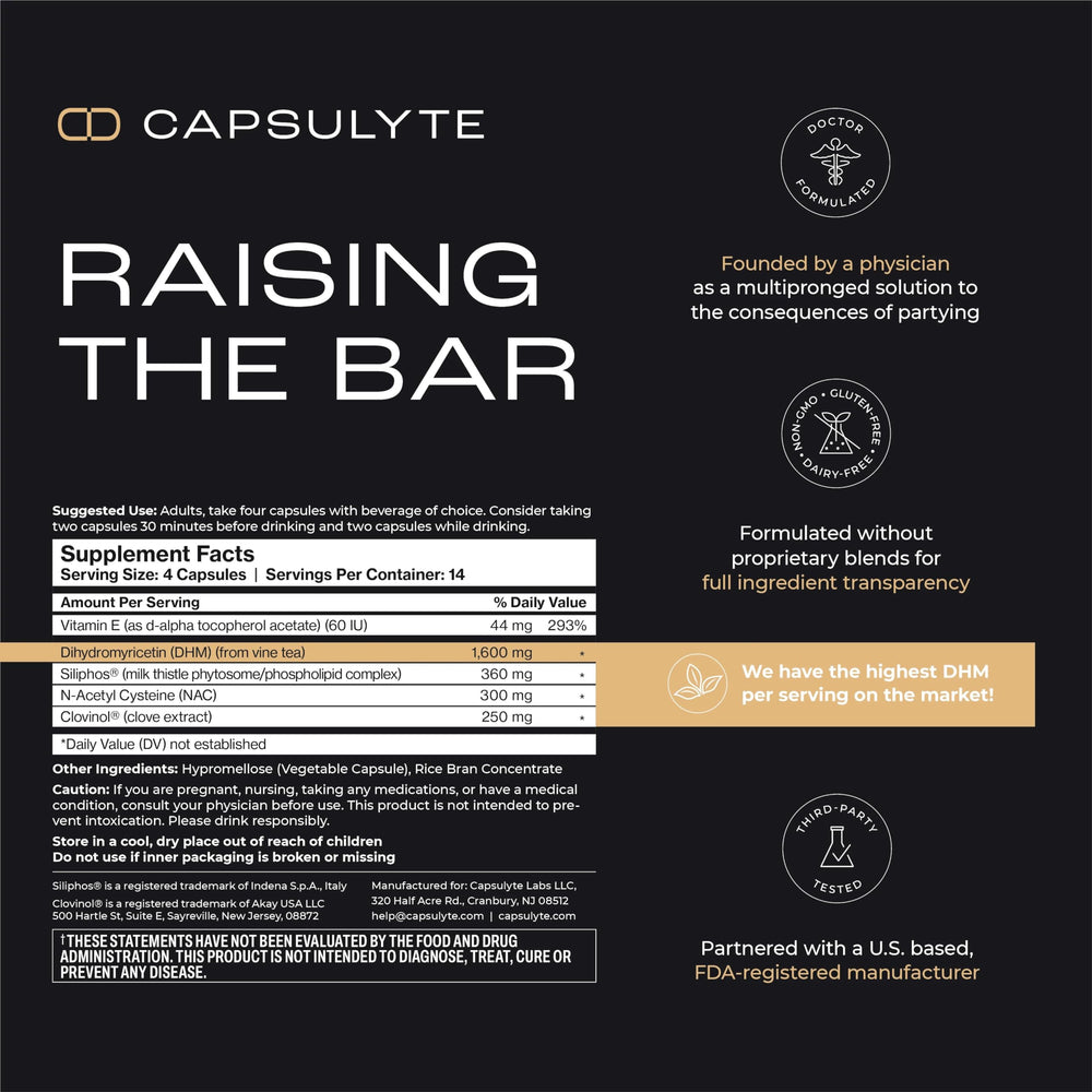 CAPSULYTE Pregame bottle side label highlighting DHM and NAC benefits for morning wellness.