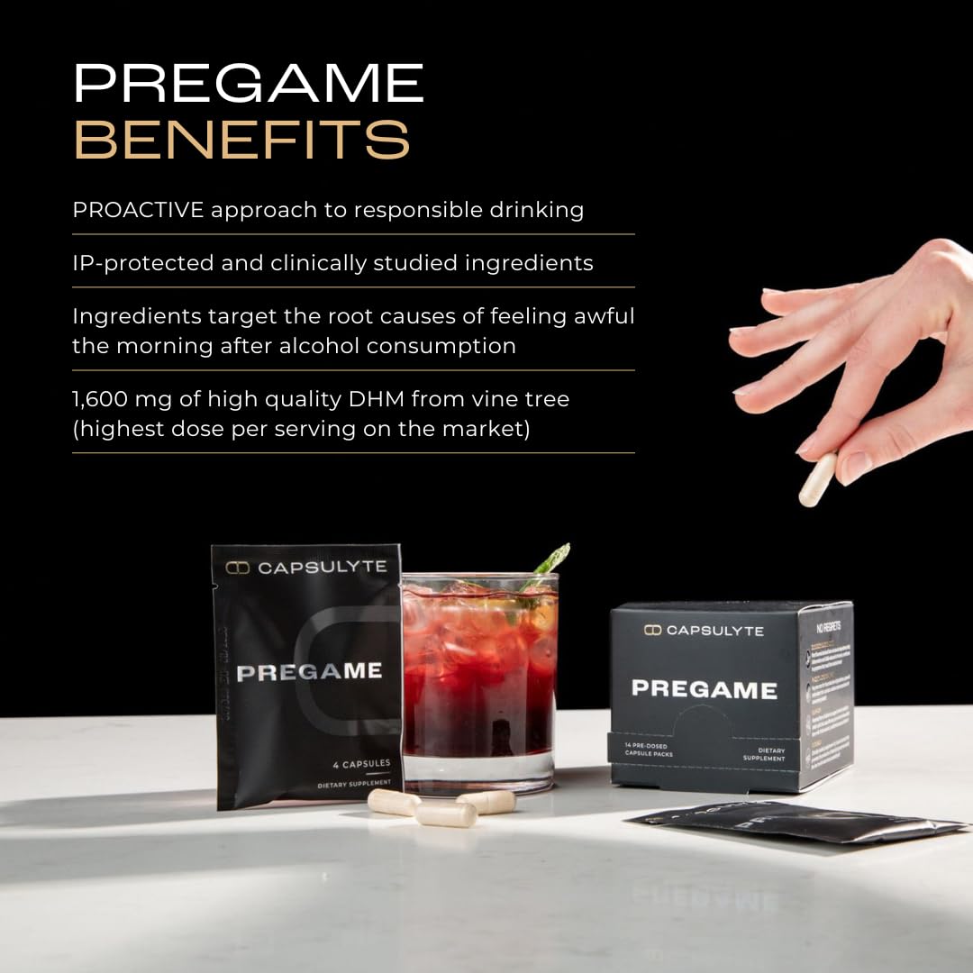 CAPSULYTE Pregame pre-dosed packets ready for night-out use.