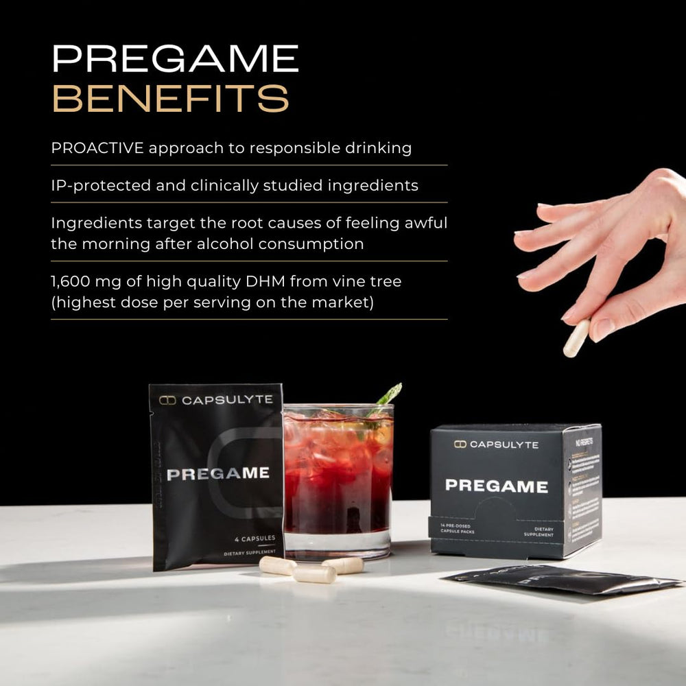 CAPSULYTE Pregame pre-dosed packets ready for night-out use.