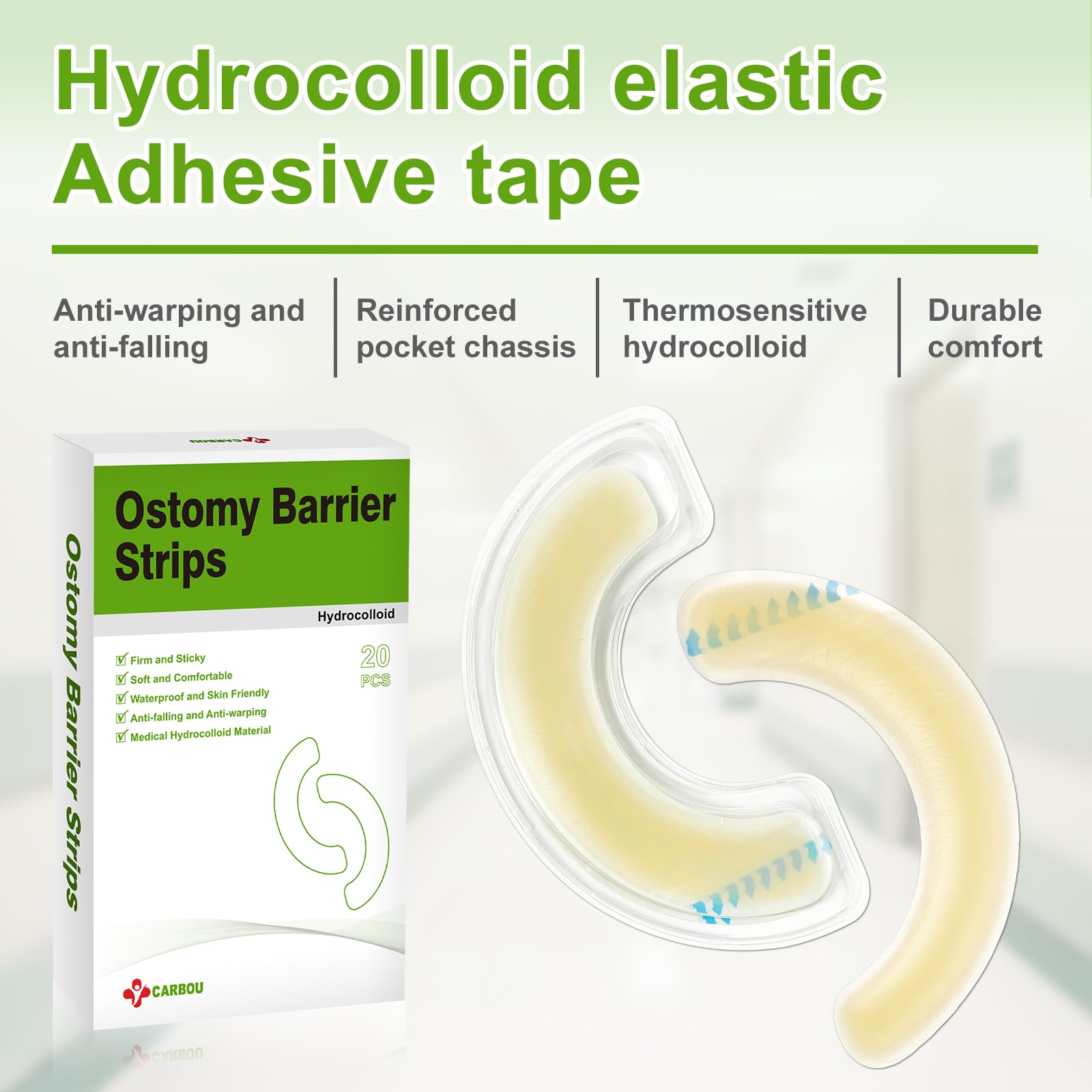 CARBOU elastic ostomy barrier strips closeup demonstrates gentle, skin-safe adhesion