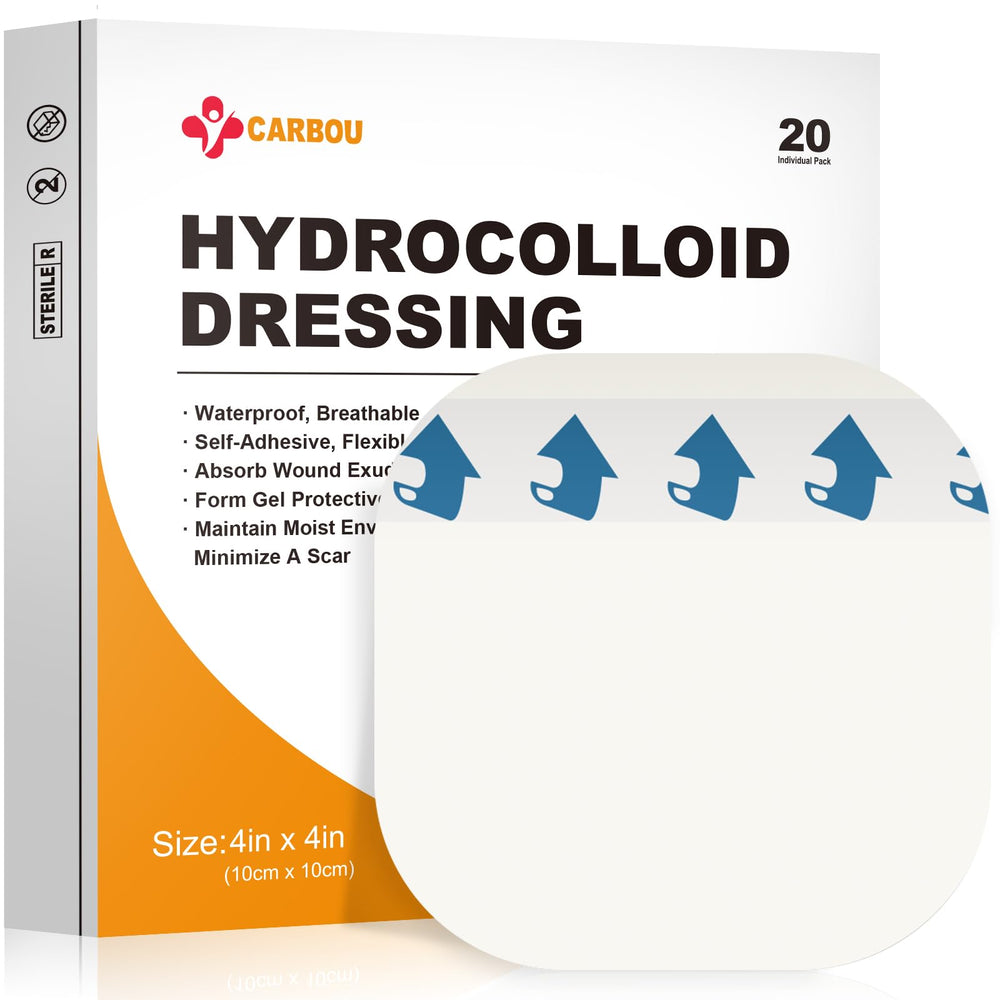 Carbou hydrocolloid dressing 4x4 pack showing absorbent, waterproof protection for wounds.