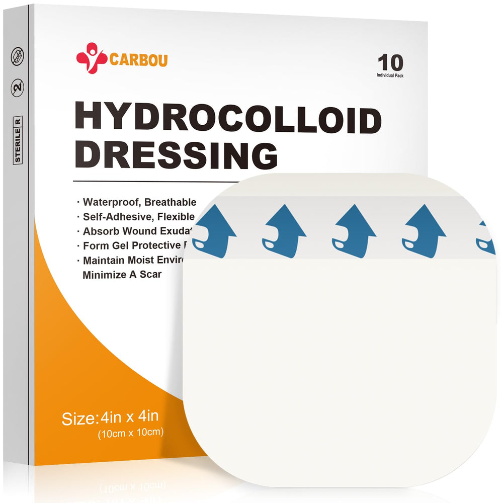 CARBOU hydrocolloid dressing 4x4 package, sterile individual packs for easy wound care.