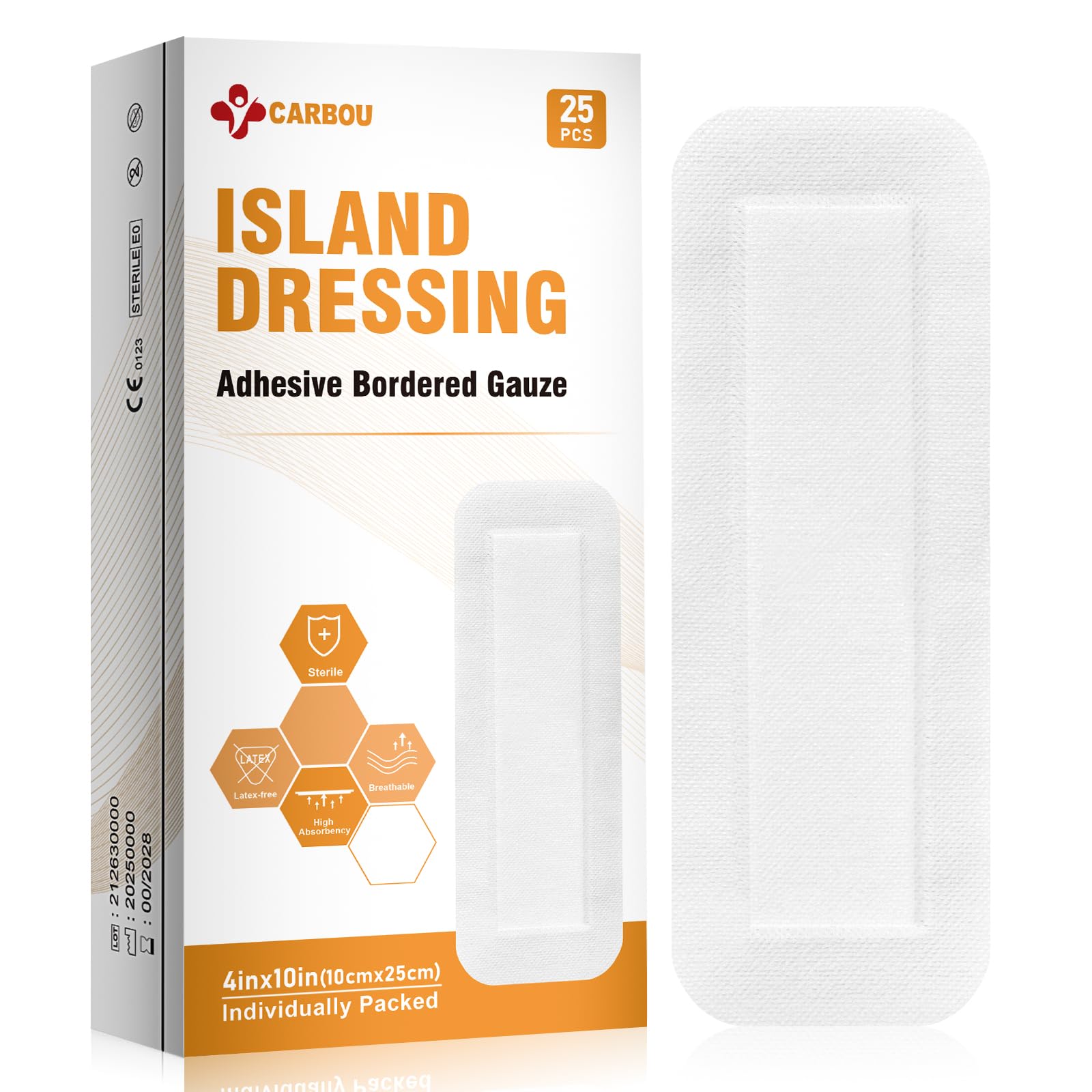 Carbou Island Dressing bordered gauze 4x10 with non-stick center for gentle wound protection.