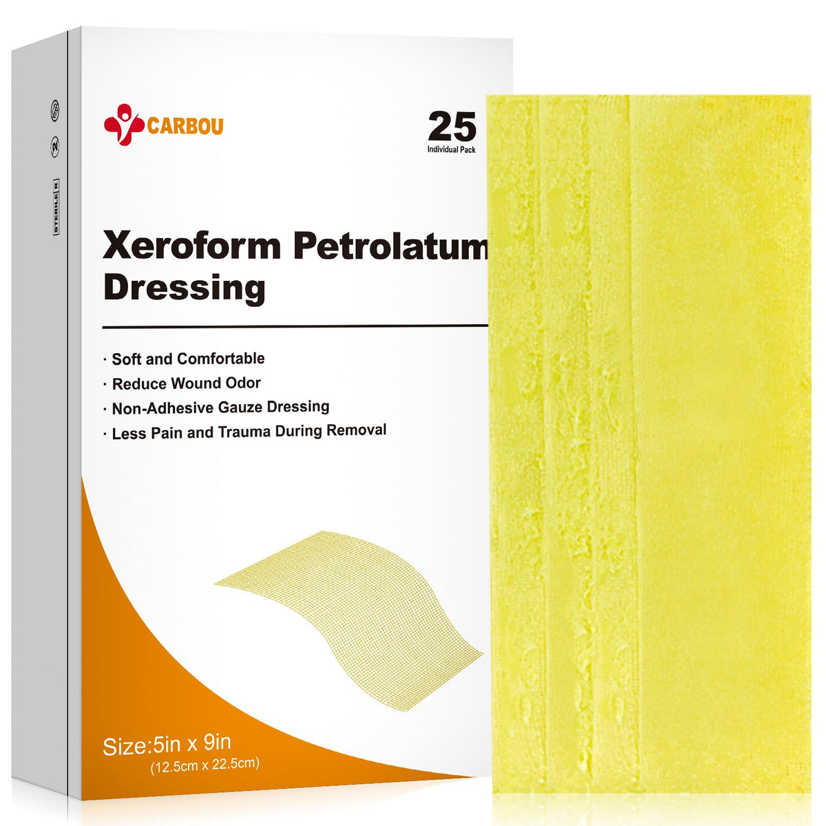 CARBOU Xeroform 5x9 dressings box, sterile individually wrapped packs for safe wound care.