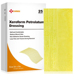 CARBOU Xeroform 5x9 dressings box, sterile individually wrapped packs for safe wound care.