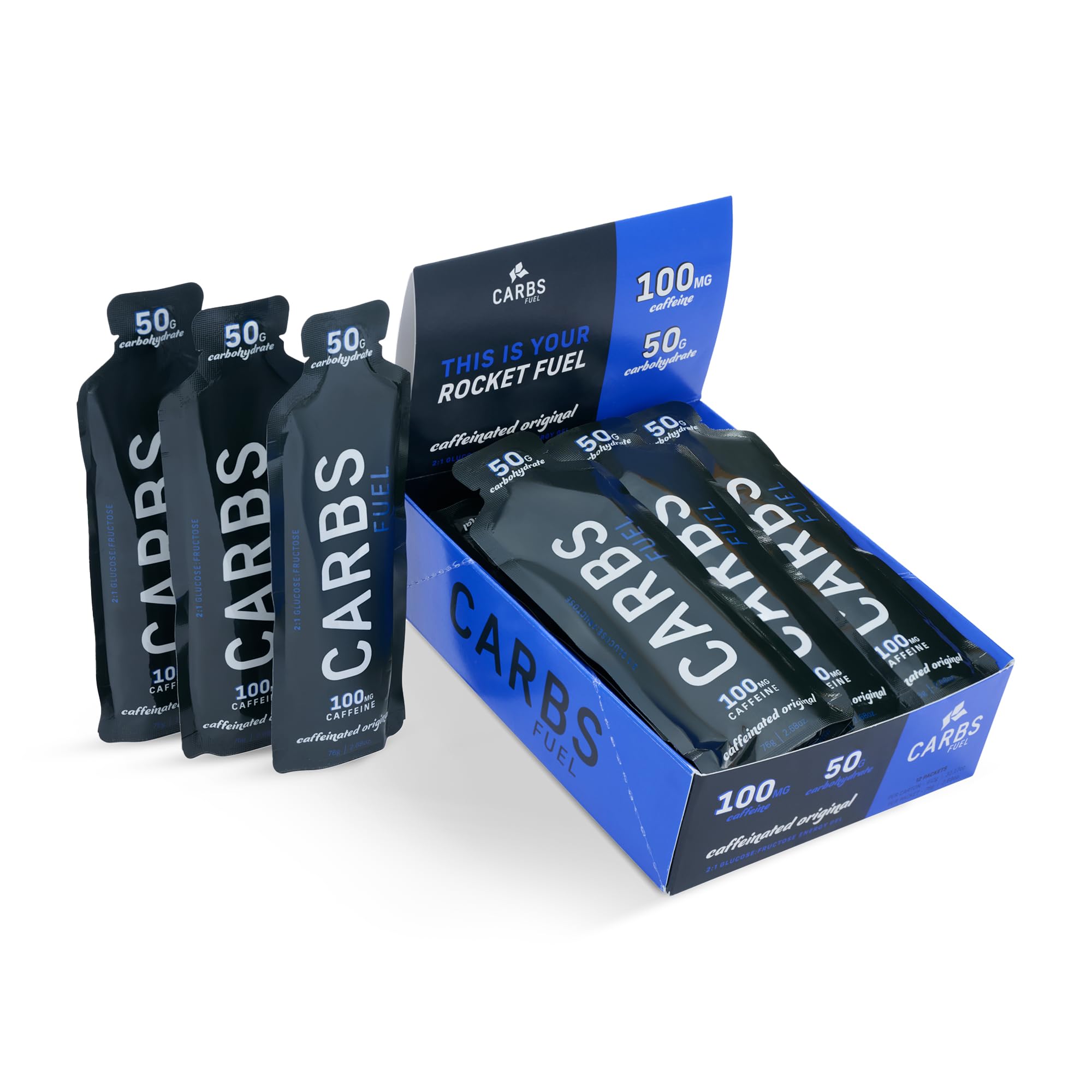 Carbs Fuel caffeinated original energy gel box front ready for long runs